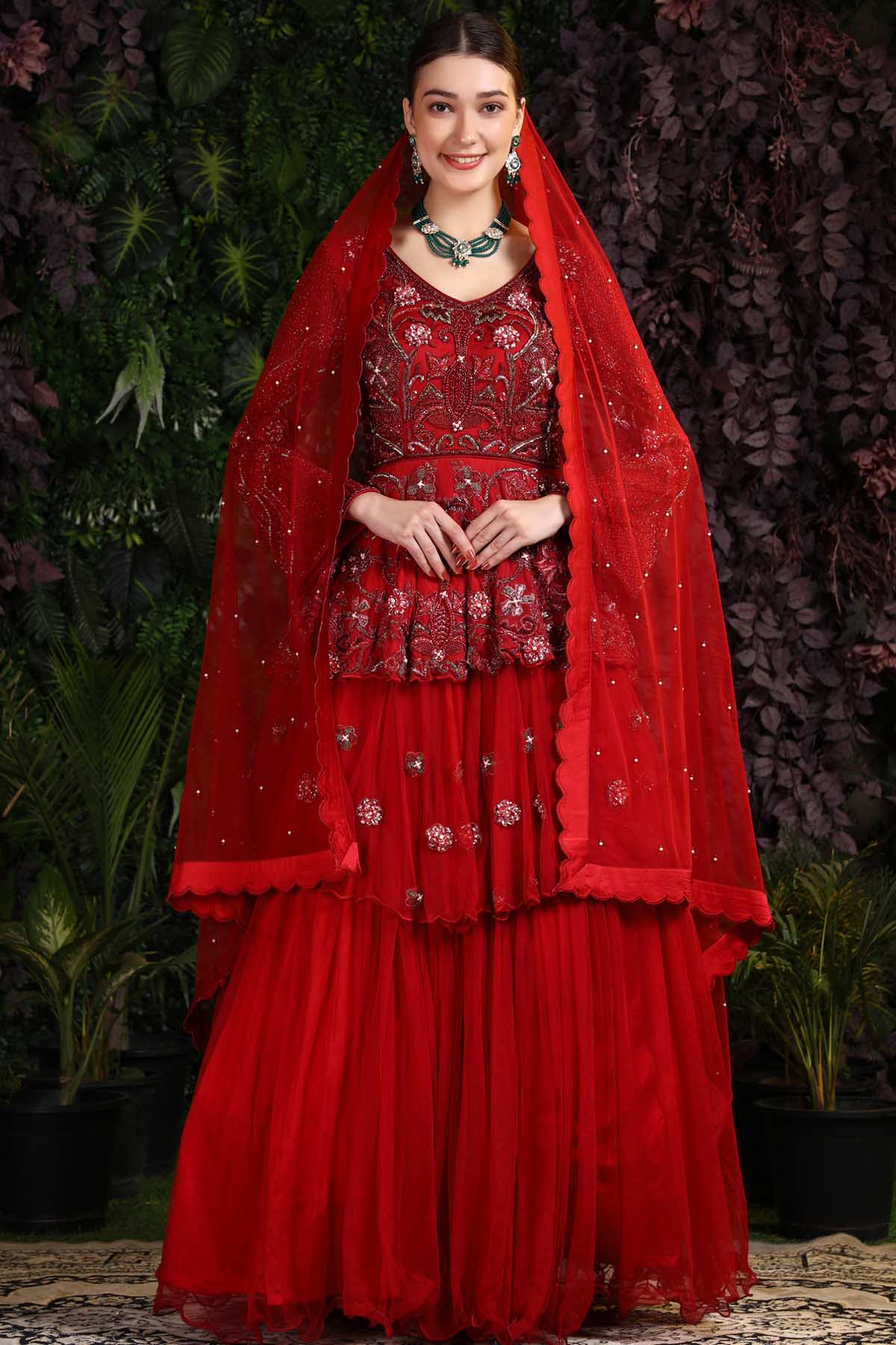 Red Embellished Gown & Dupatta Set