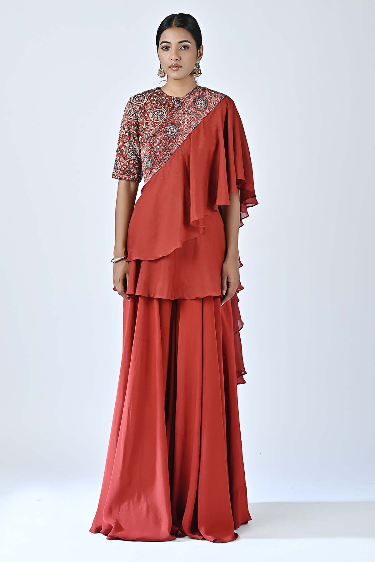 Red Embellished Indo-Western Set