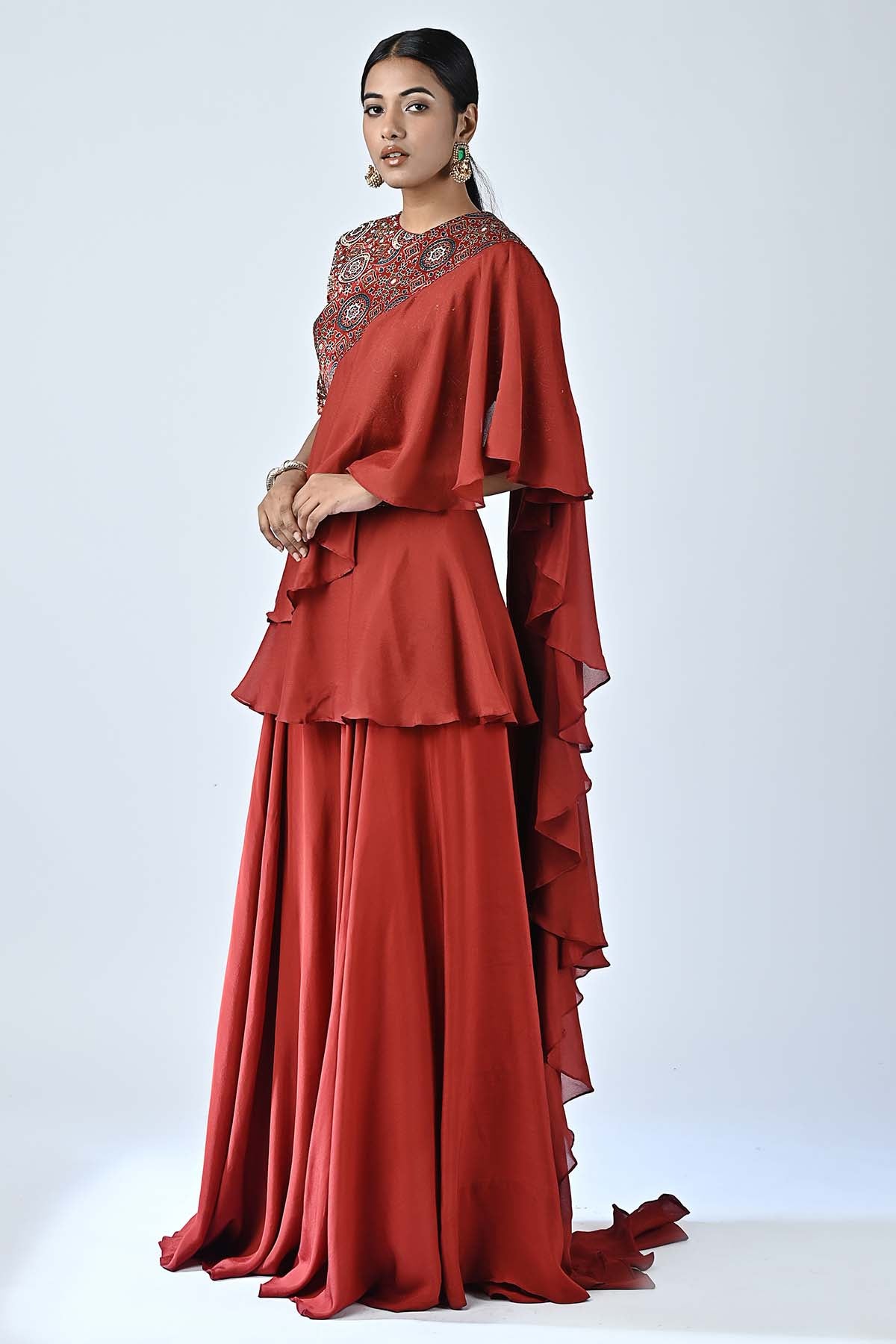 Red Embellished Indo-Western Set
