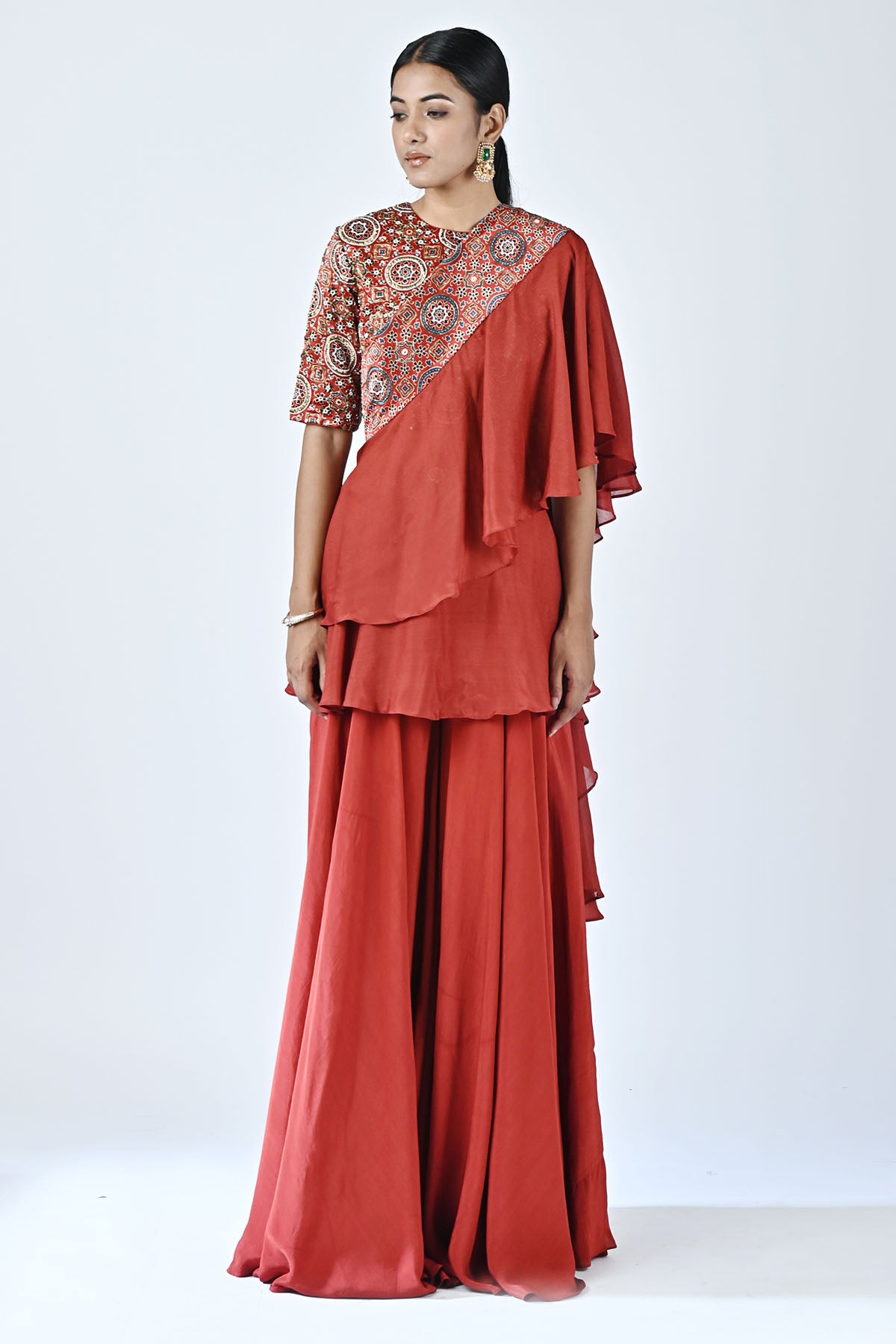 Red Embellished Indo-Western Set