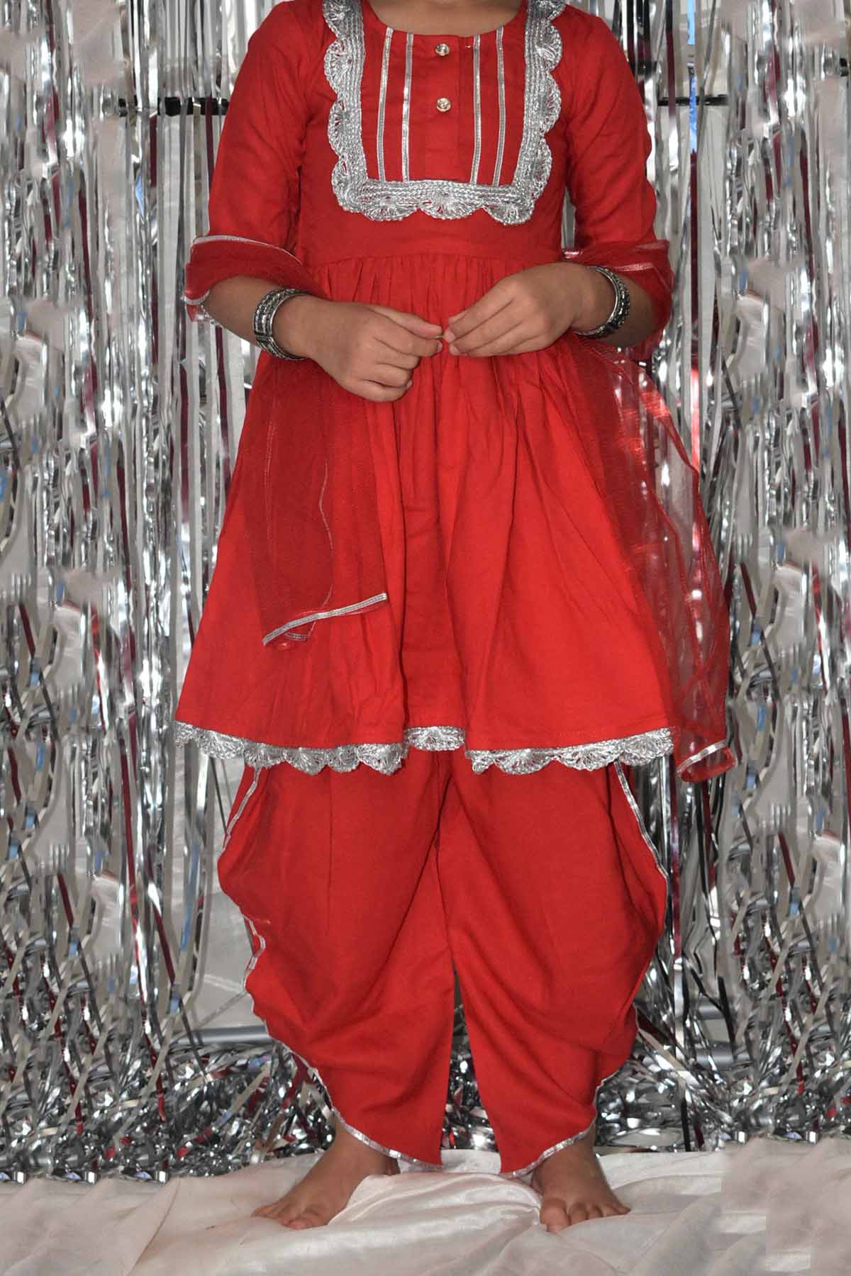 Red Embellished Kurta & Dhoti Set