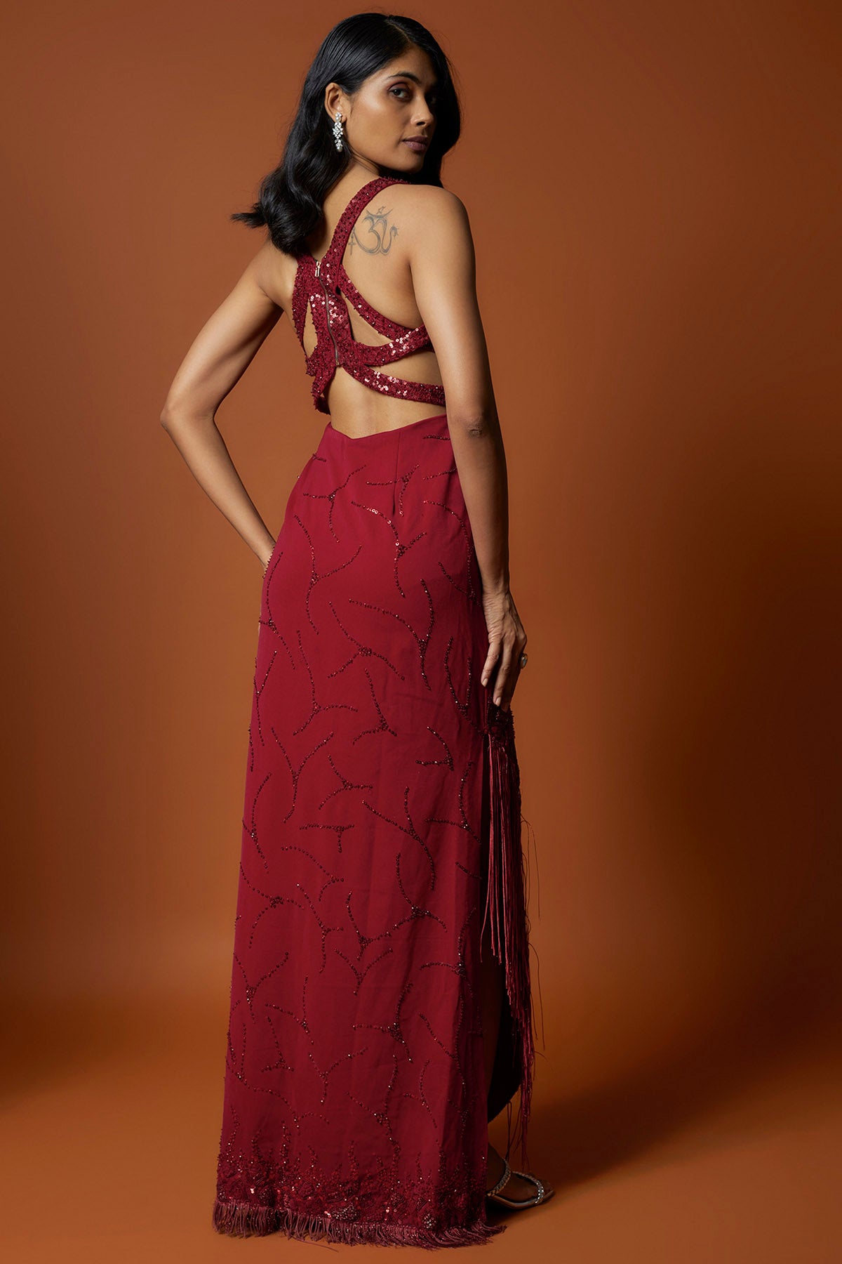 Red Embroidered Asymmetric Gown