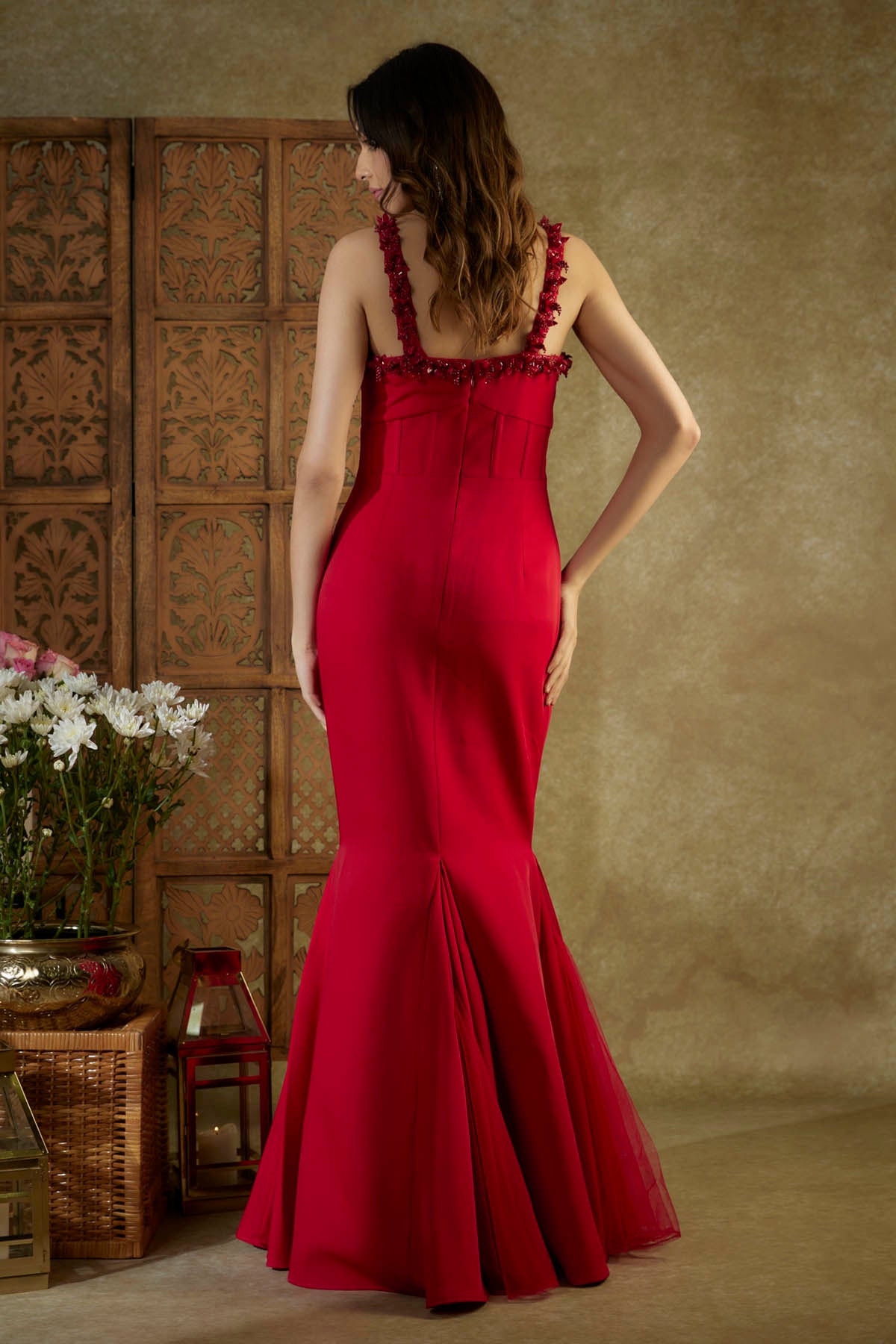 Red Embroidered Fish Cut Gown
