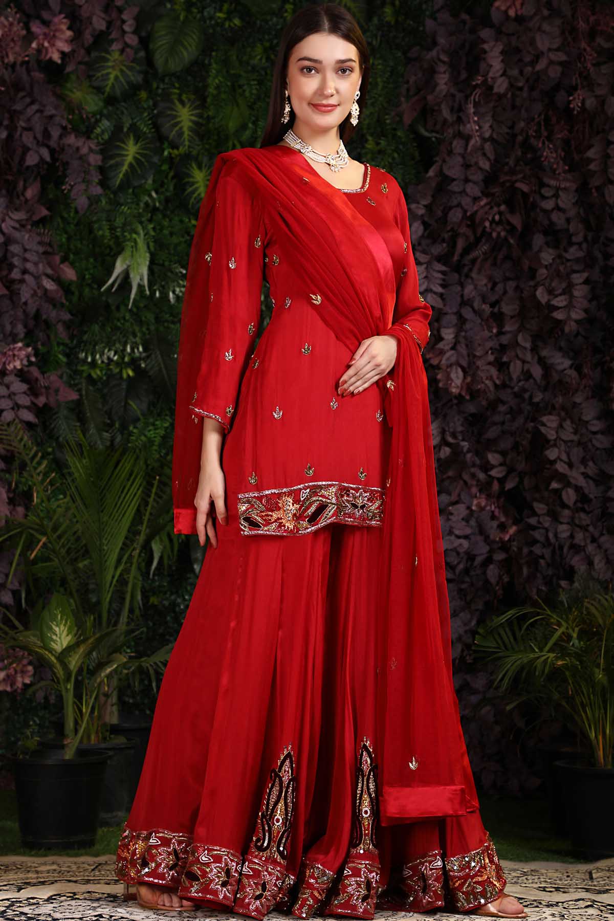 Embroidered Red Palazzo Set