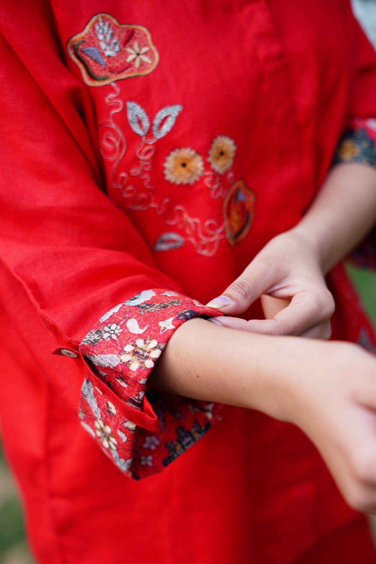 Red Embroidered Linen Shirt