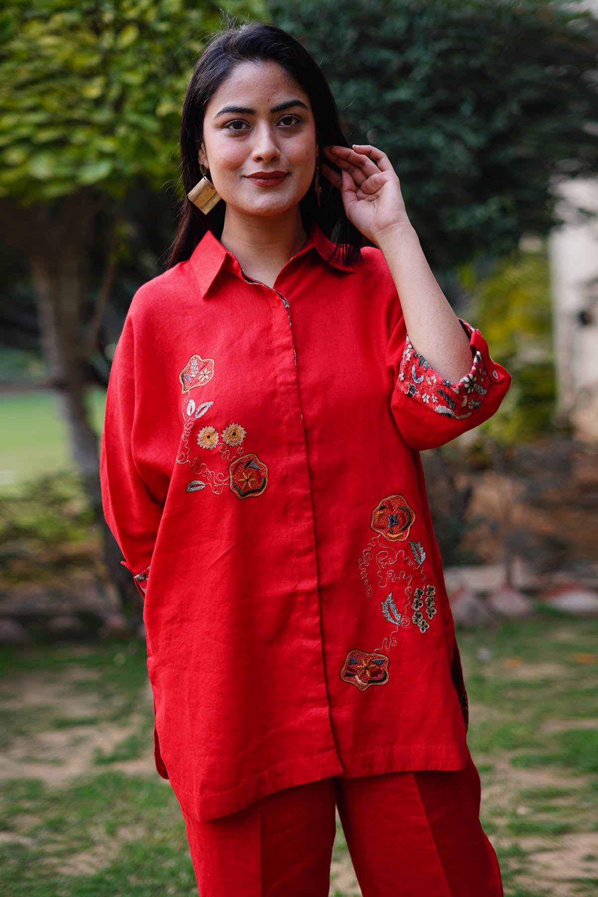 Red Embroidered Linen Shirt