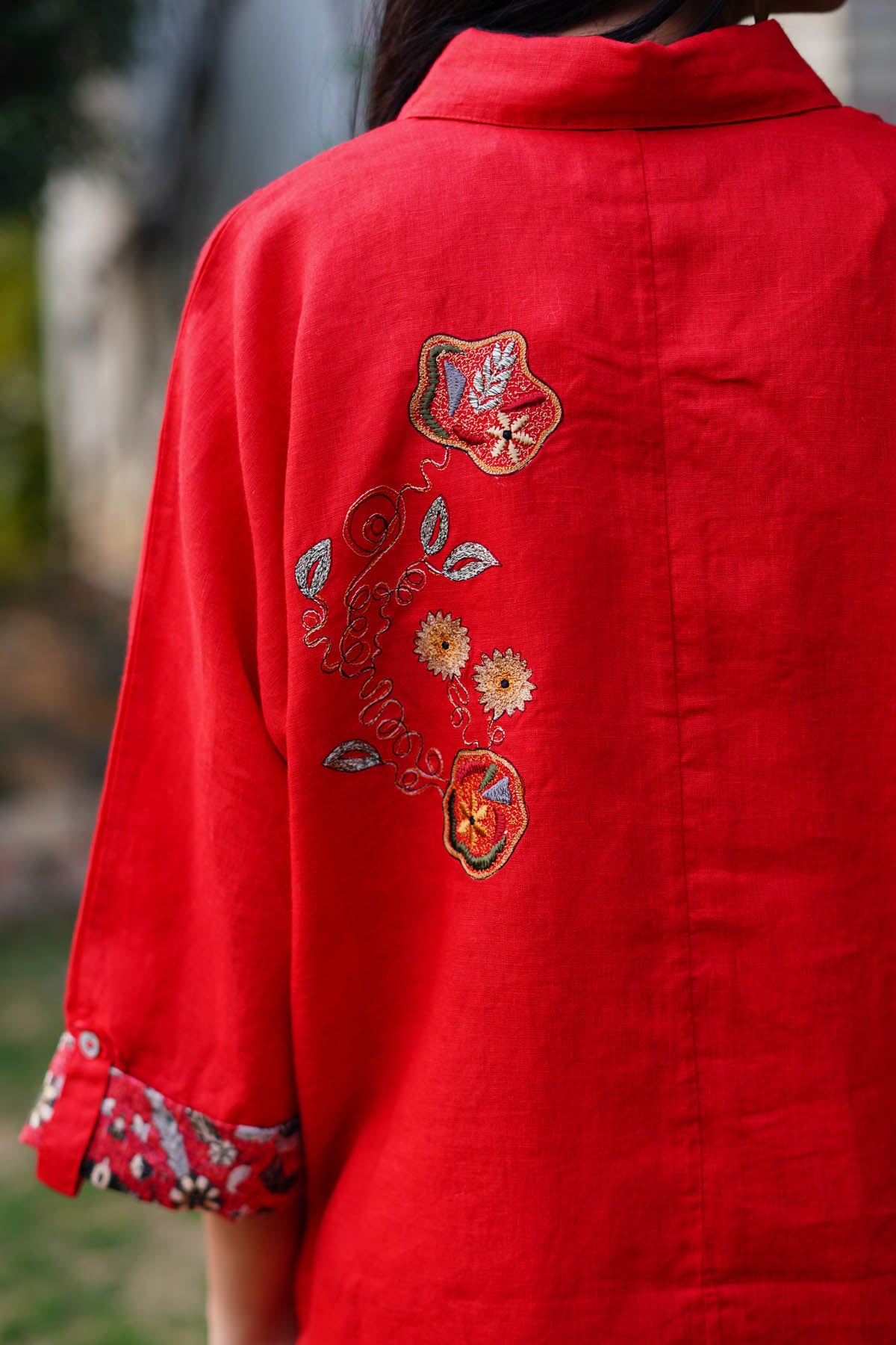 Red Embroidered Linen Shirt