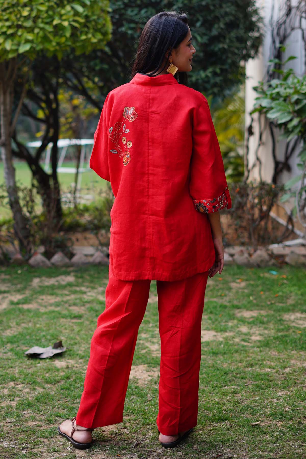 Red Embroidered Linen Shirt