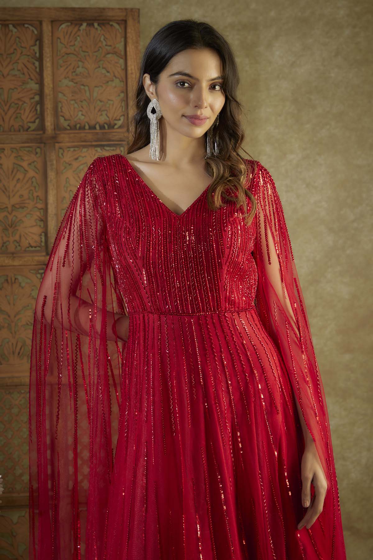 Red Embroidered Net Gown