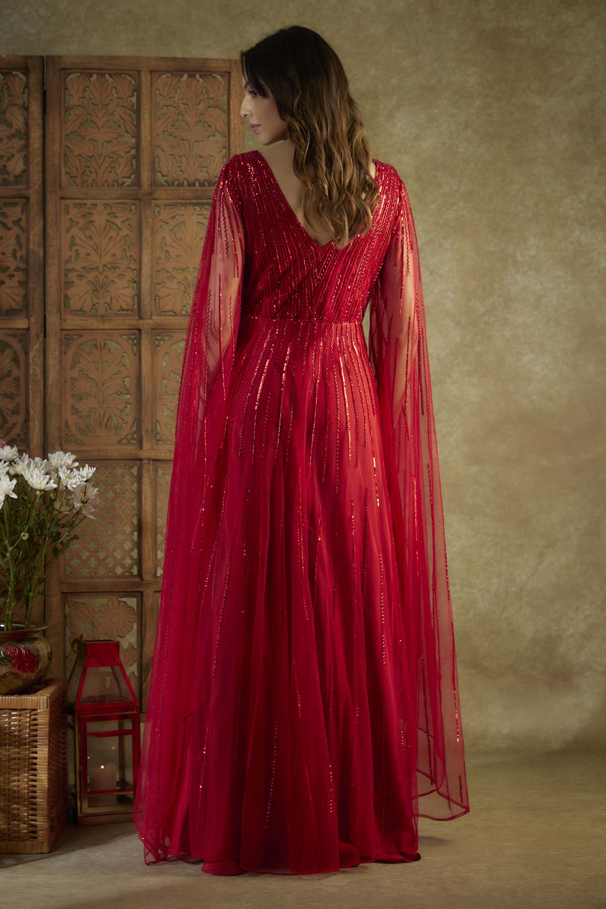 Red Embroidered Net Gown