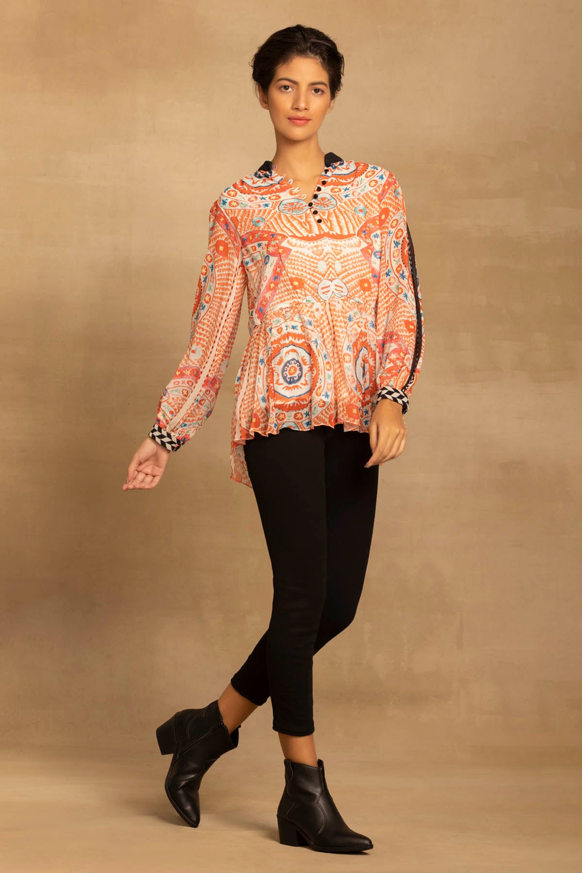 Red Ethnic Design Peplum Top