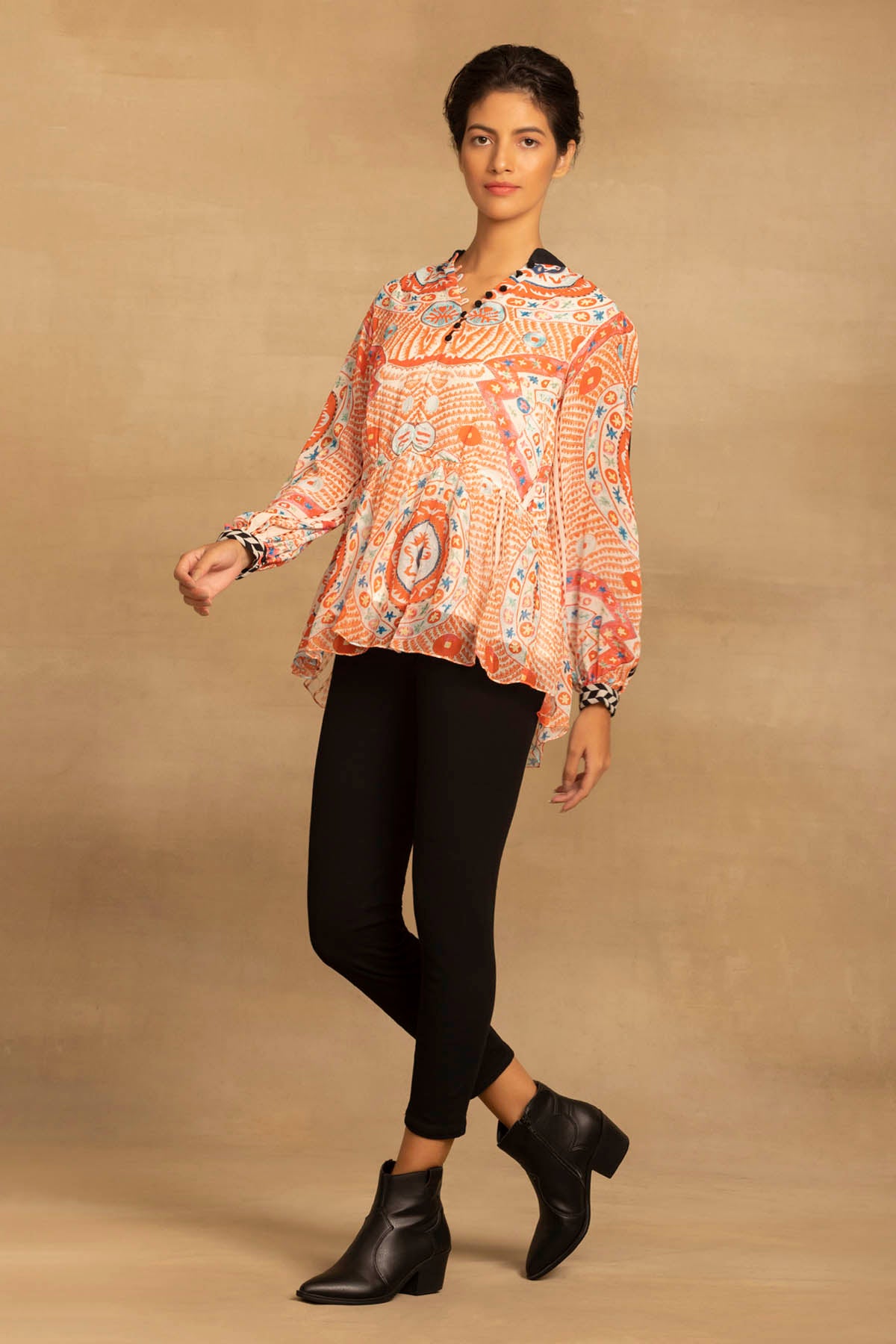 Red Ethnic Design Peplum Top