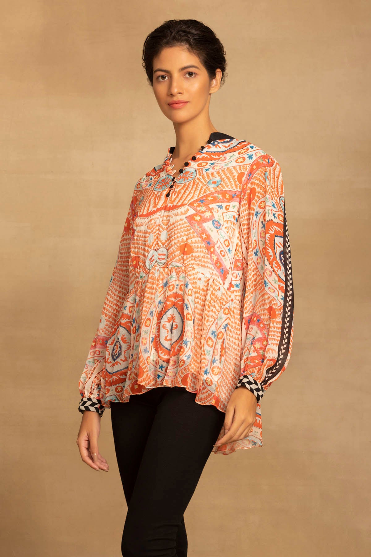 Red Ethnic Design Peplum Top