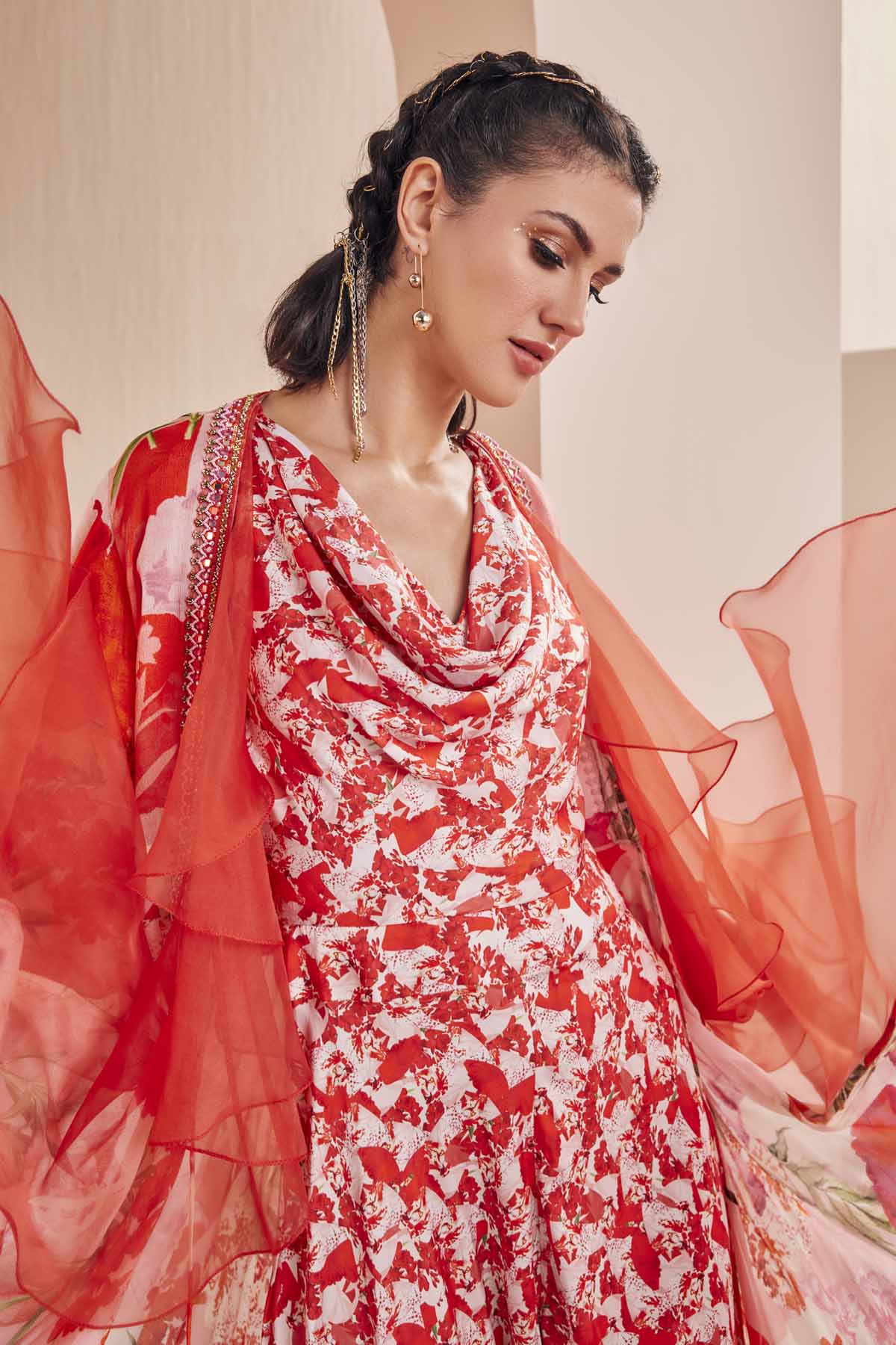 Red Floral Cowl Neck Jumpsuit With Cape