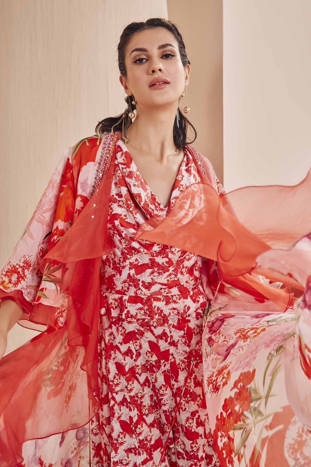 Red Floral Cowl Neck Jumpsuit With Cape