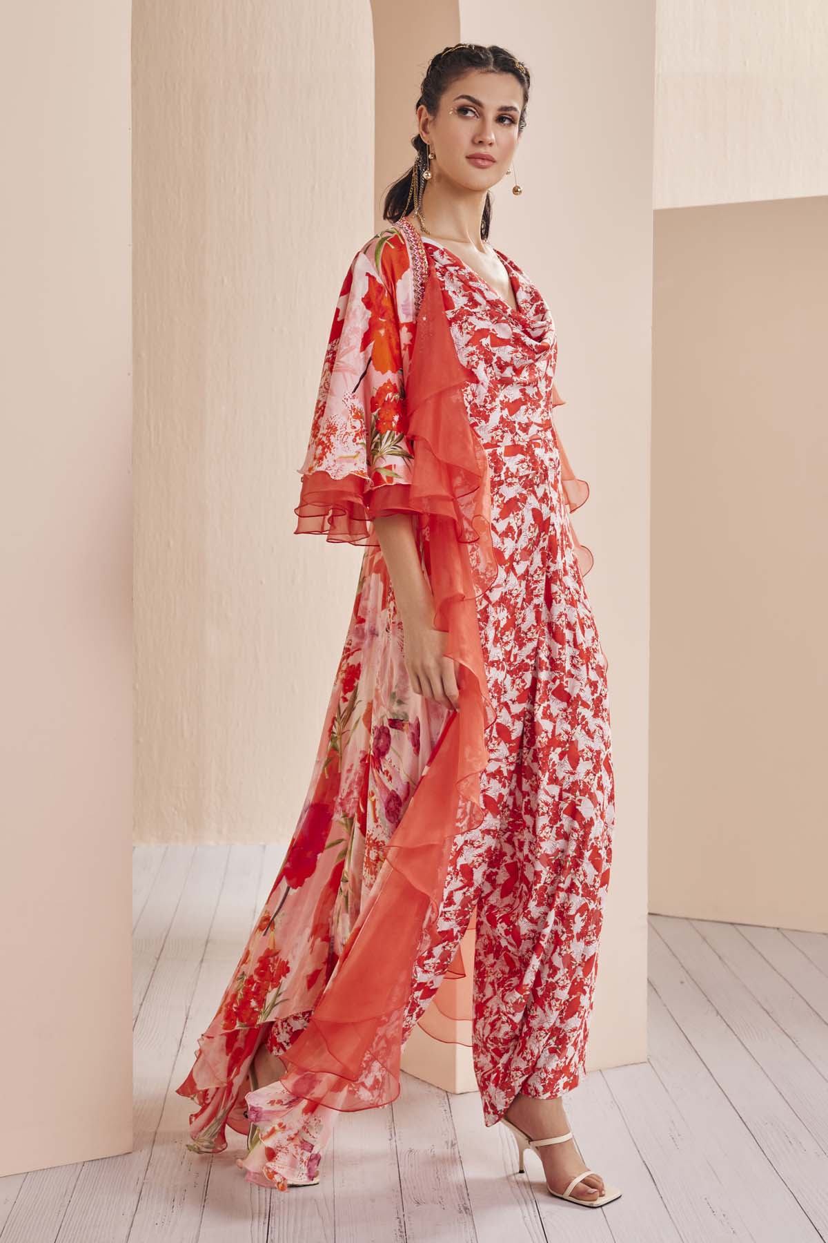 Red Floral Cowl Neck Jumpsuit With Cape