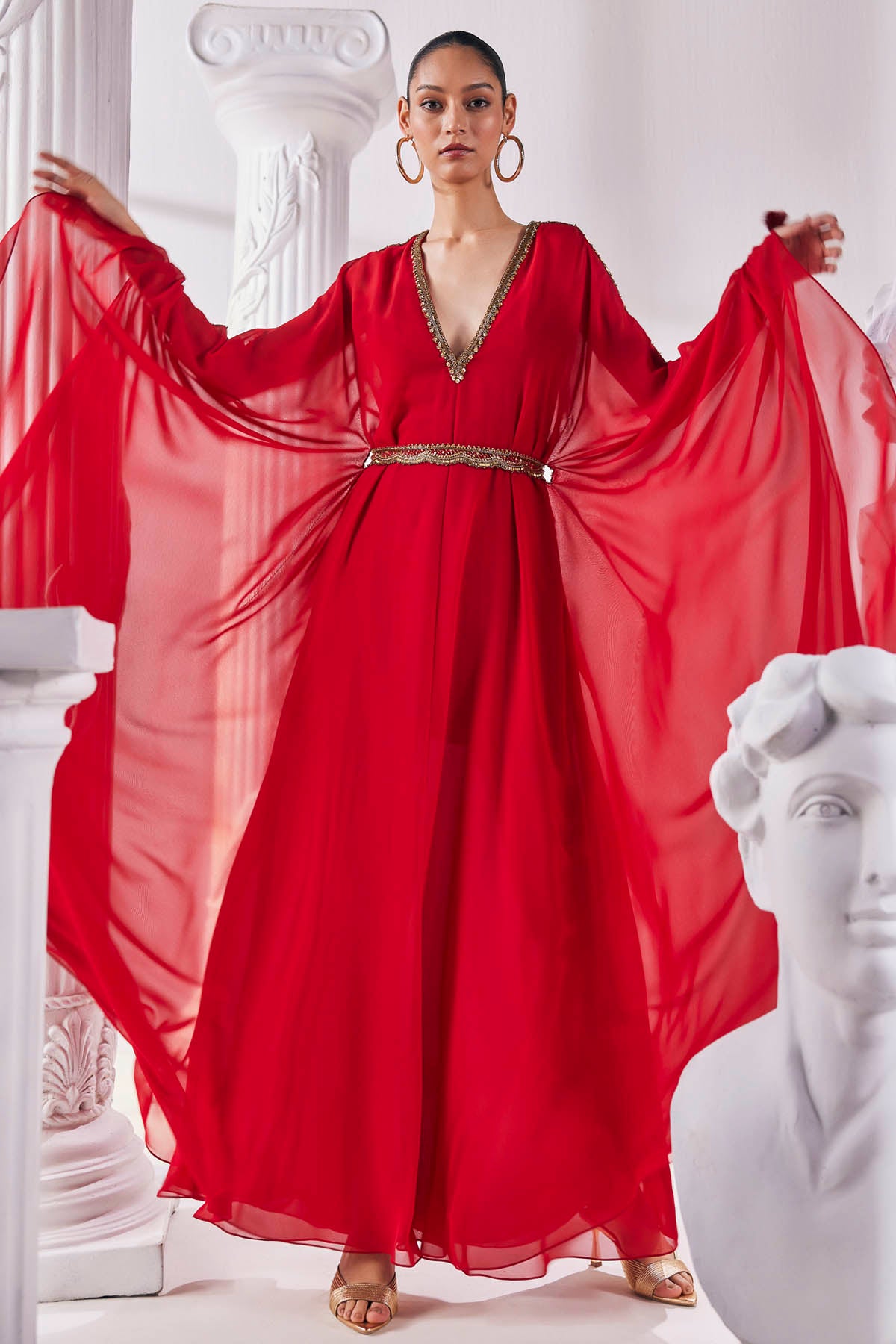 Red Georgette Kaftan & Belt