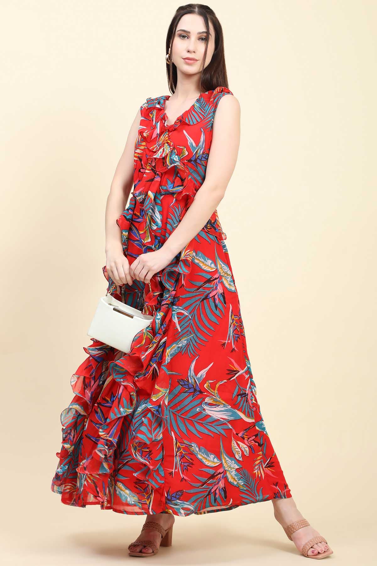 Red Georgette Ruffle Dress