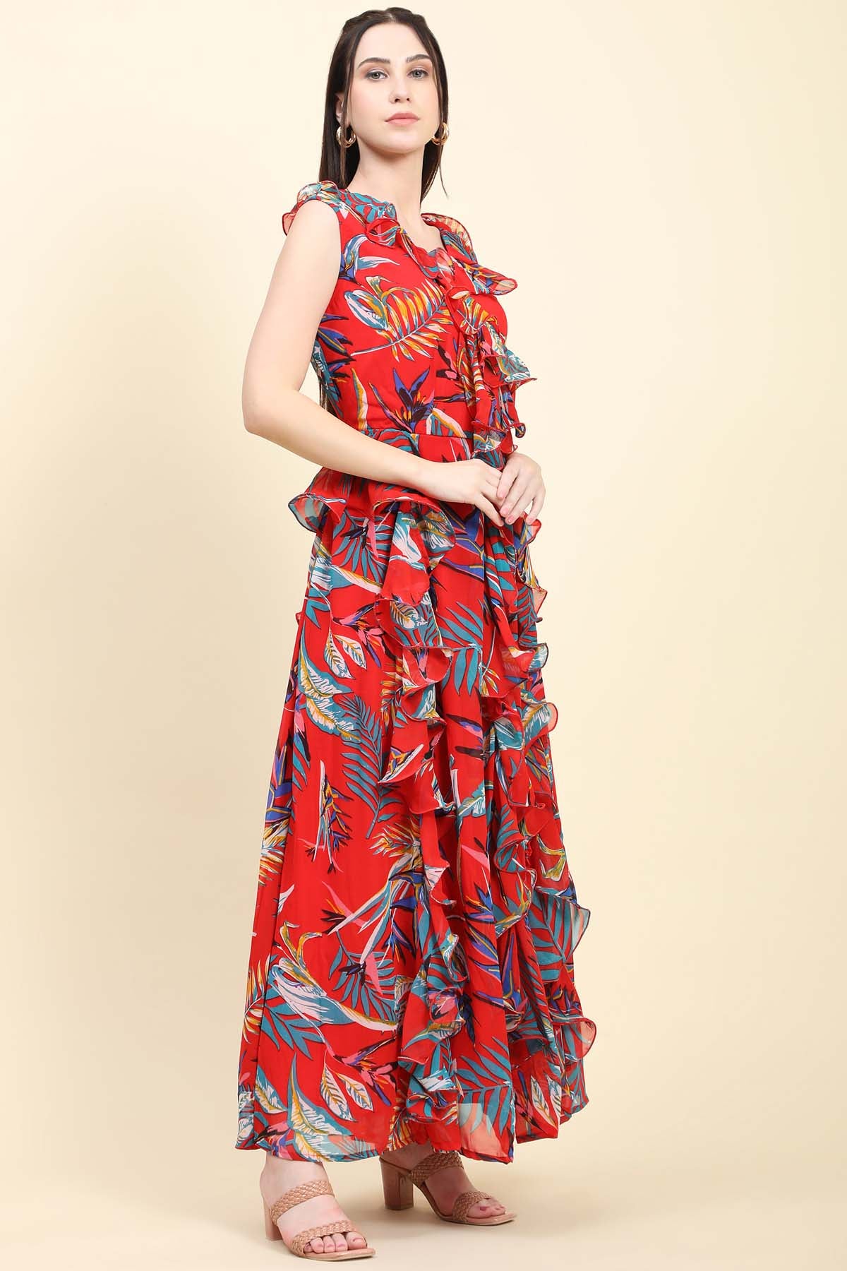 Red Georgette Ruffle Dress