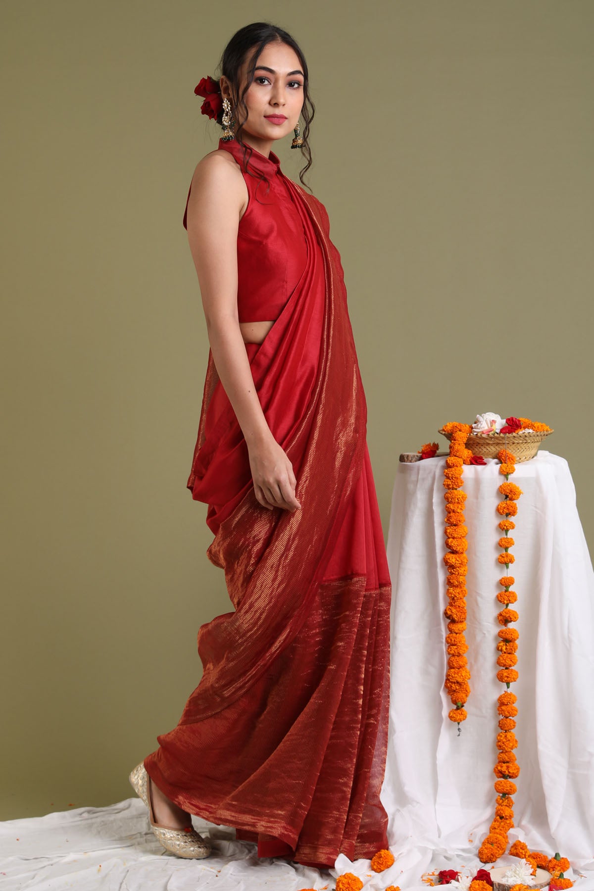 Red Chanderi Saree & Blouse