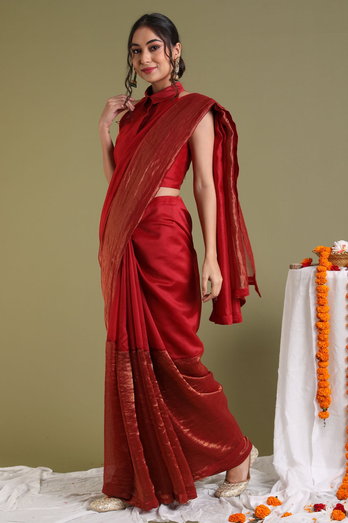 Red Gold Stripe Saree