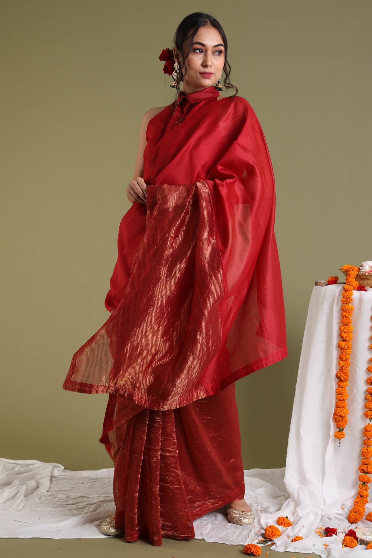 Red Gold Stripe Saree