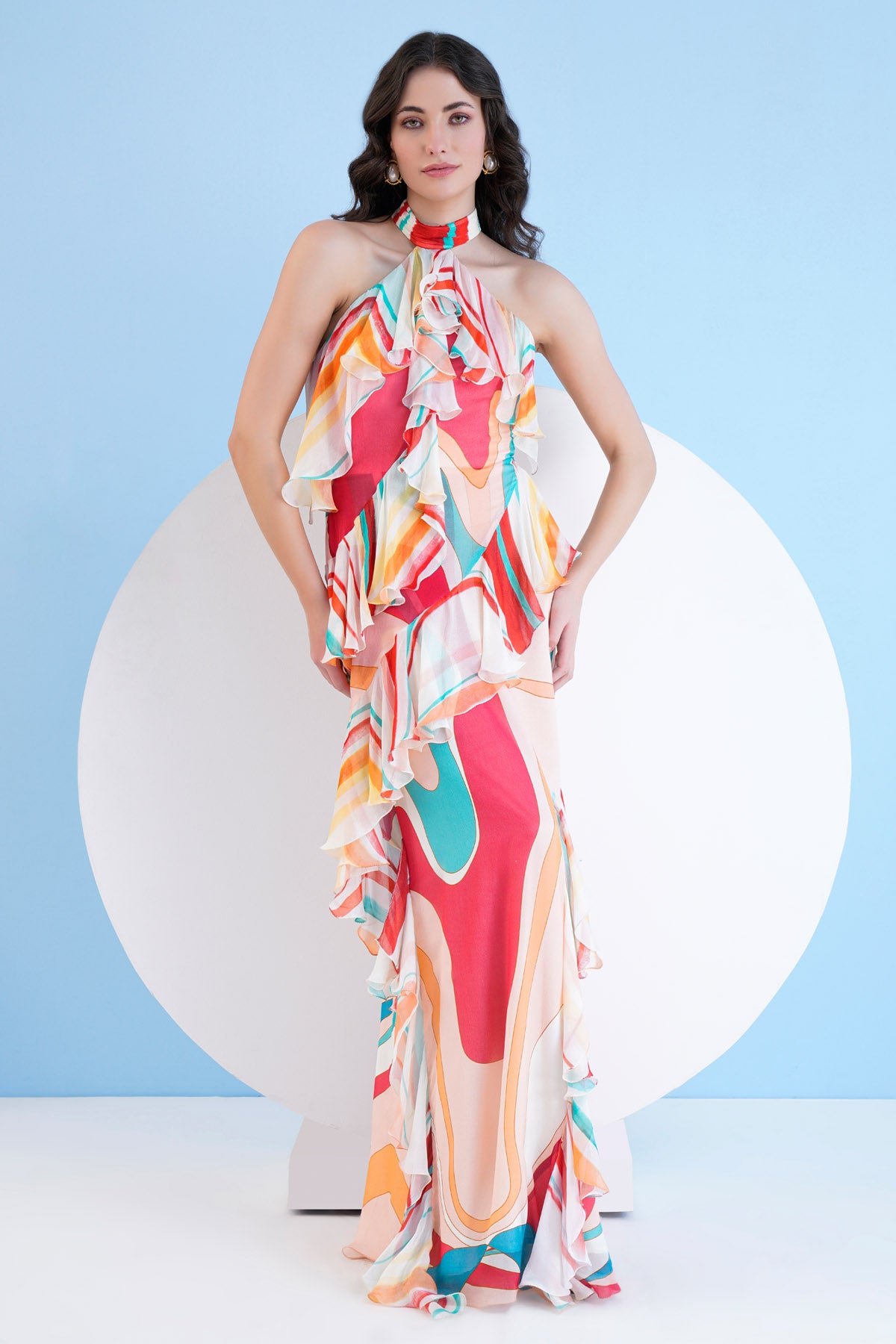 Red Halter Long Chiffon Dress