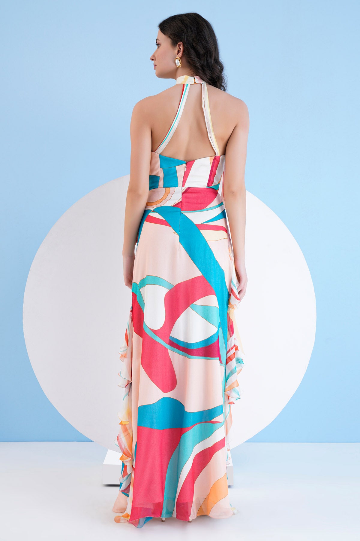 Red Halter Long Chiffon Dress