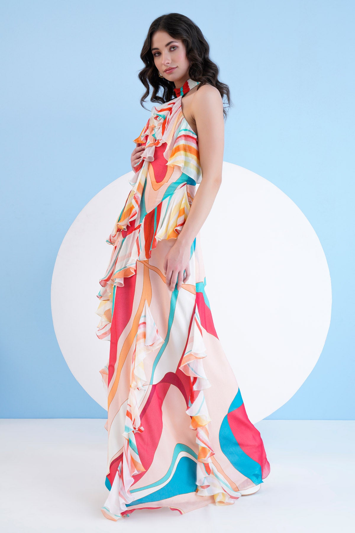 Red Halter Long Chiffon Dress