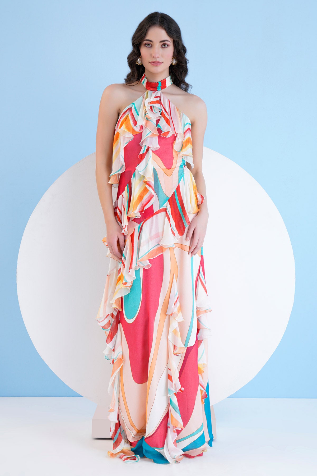 Red Halter Long Chiffon Dress