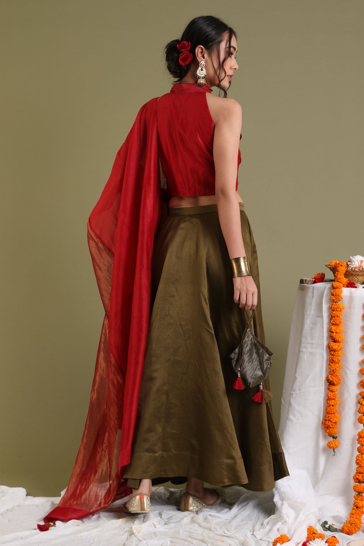 Red Halter Neck Chanderi Top