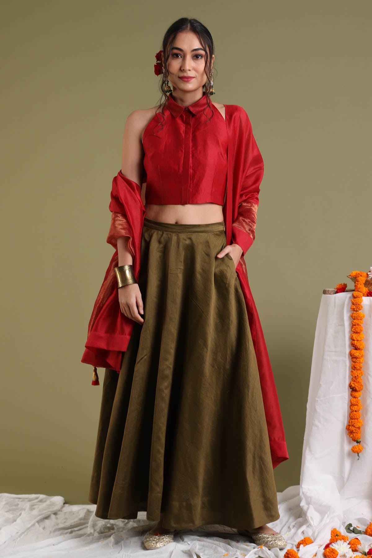 Red Halter Neck Chanderi Top