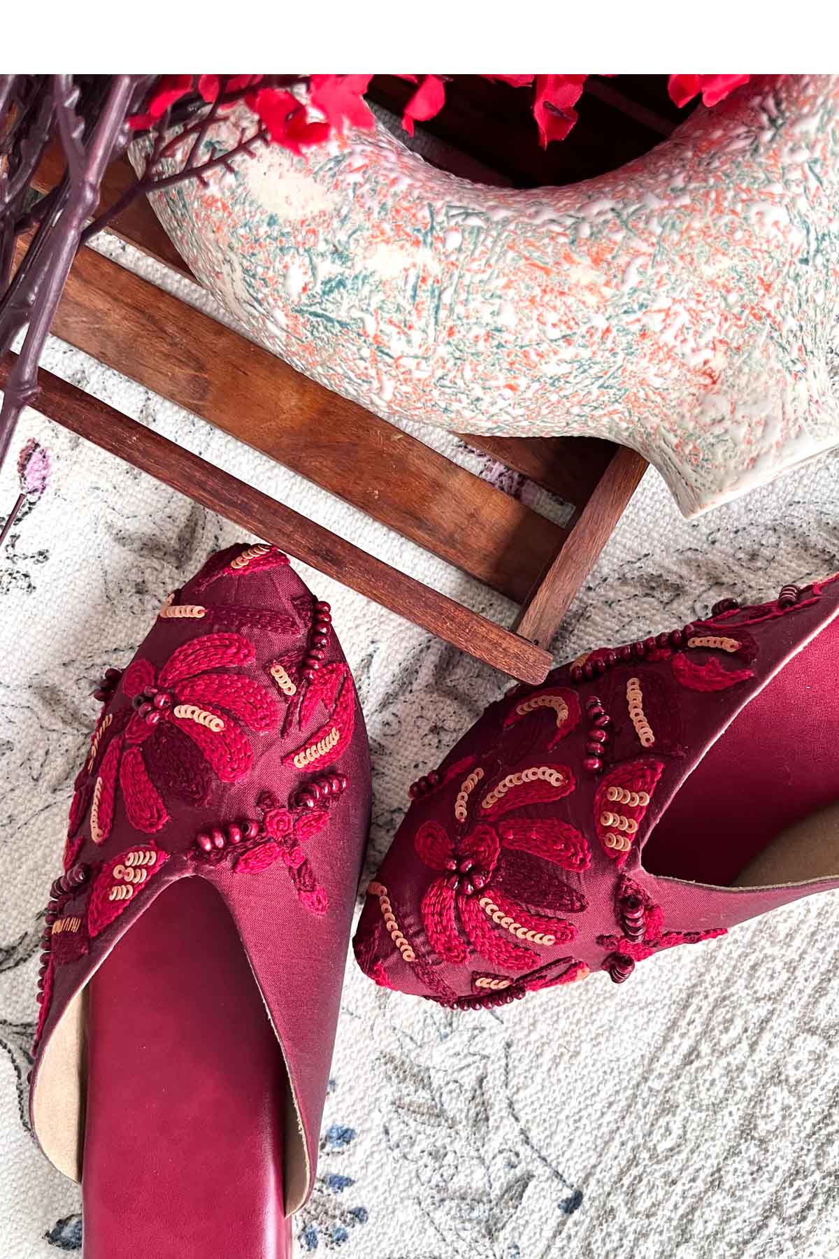 Red Hand Embroidered Mules