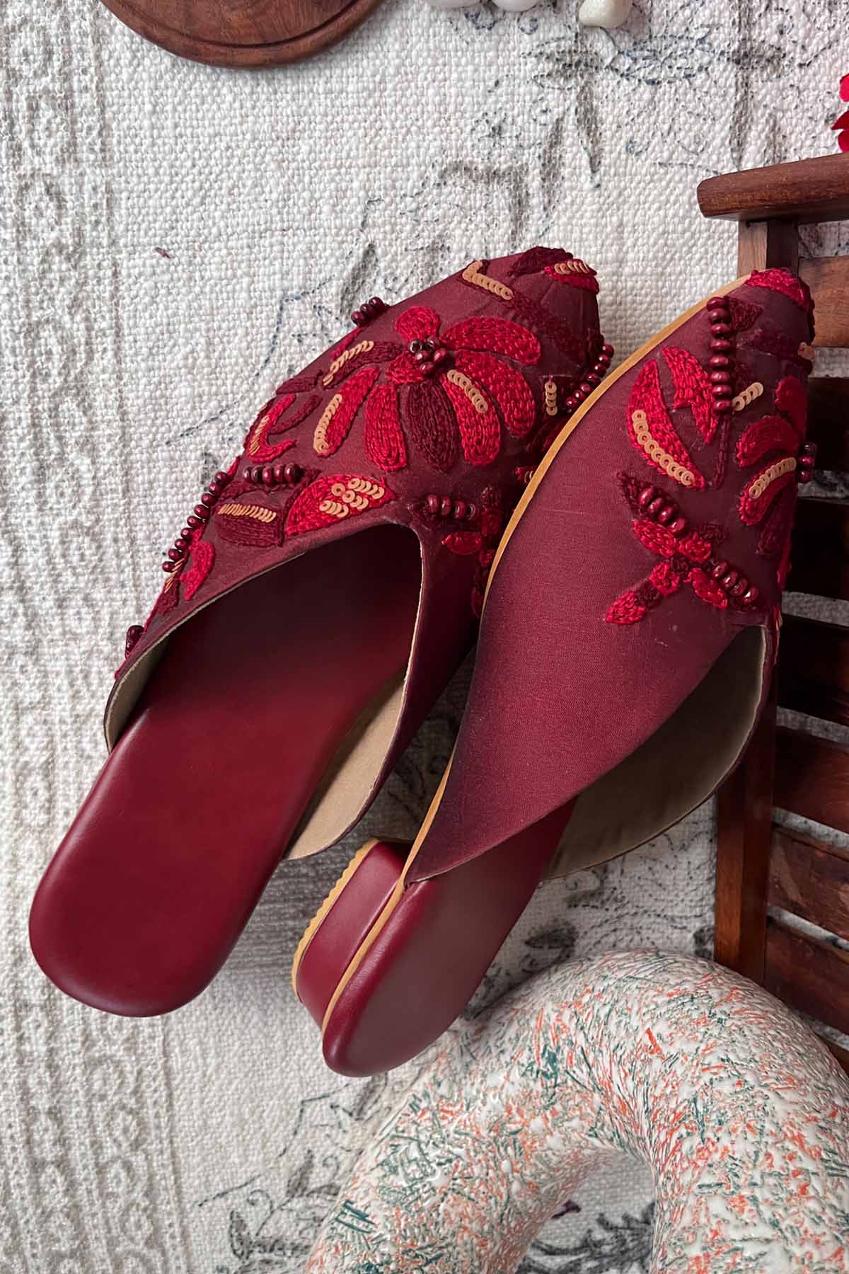 Red Hand Embroidered Mules