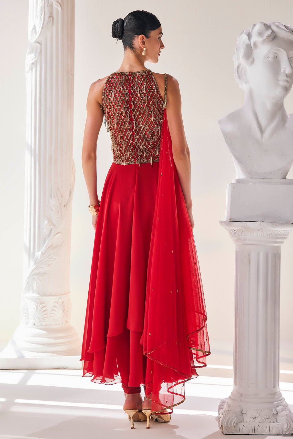 Red High Low Anarkali Set