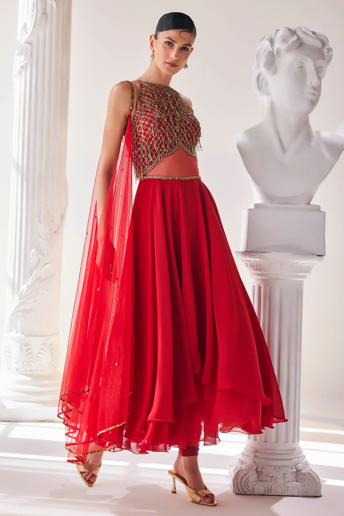 Red High Low Anarkali Set