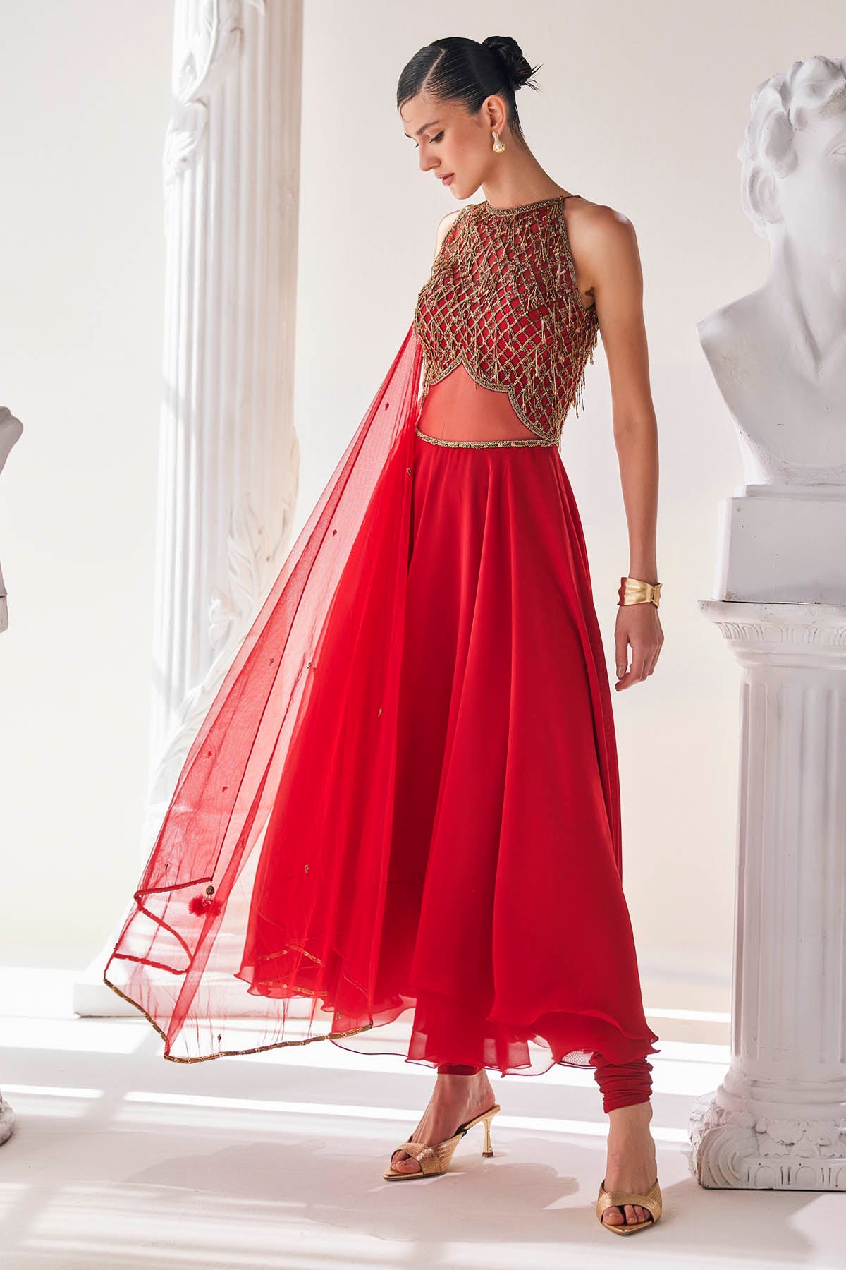 Red High Low Anarkali Set