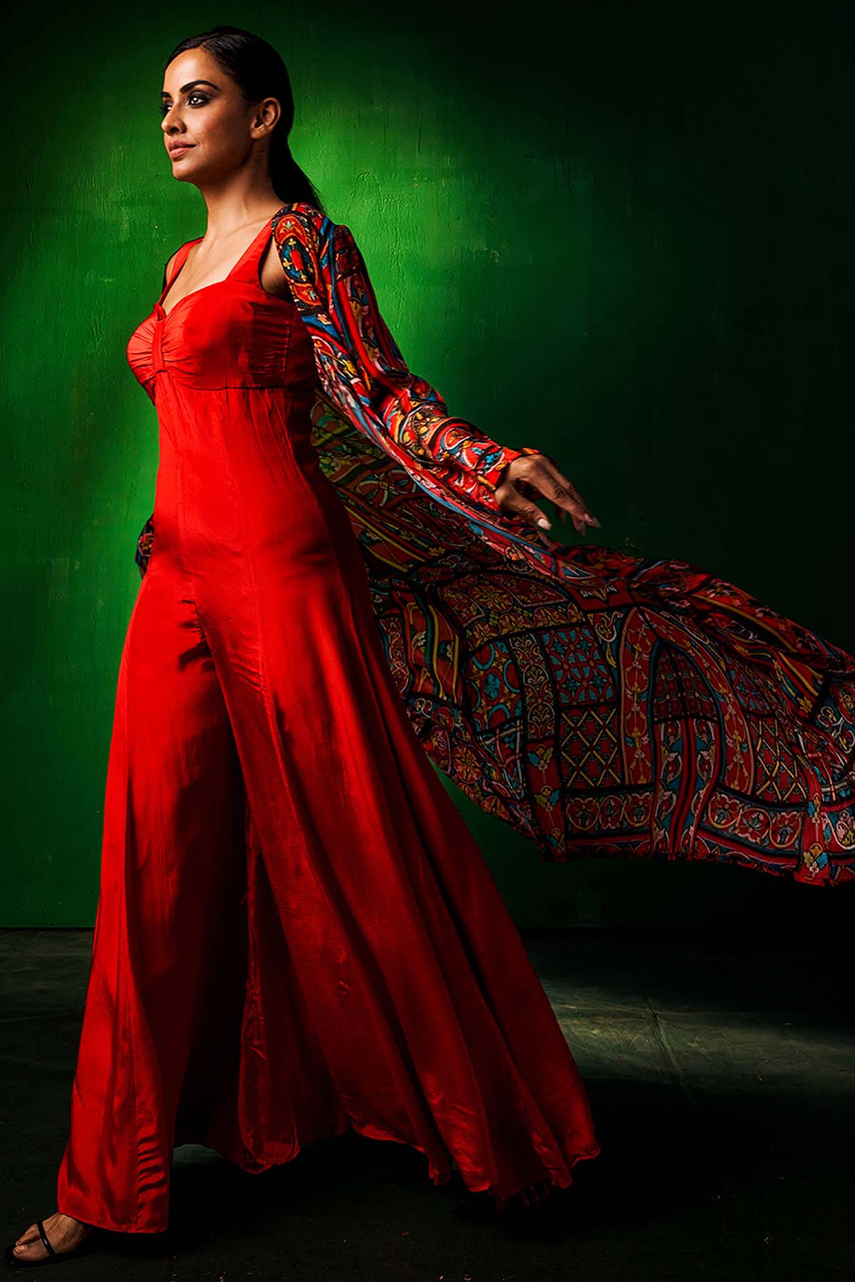 Red Jumpsuit & Printed Jacket