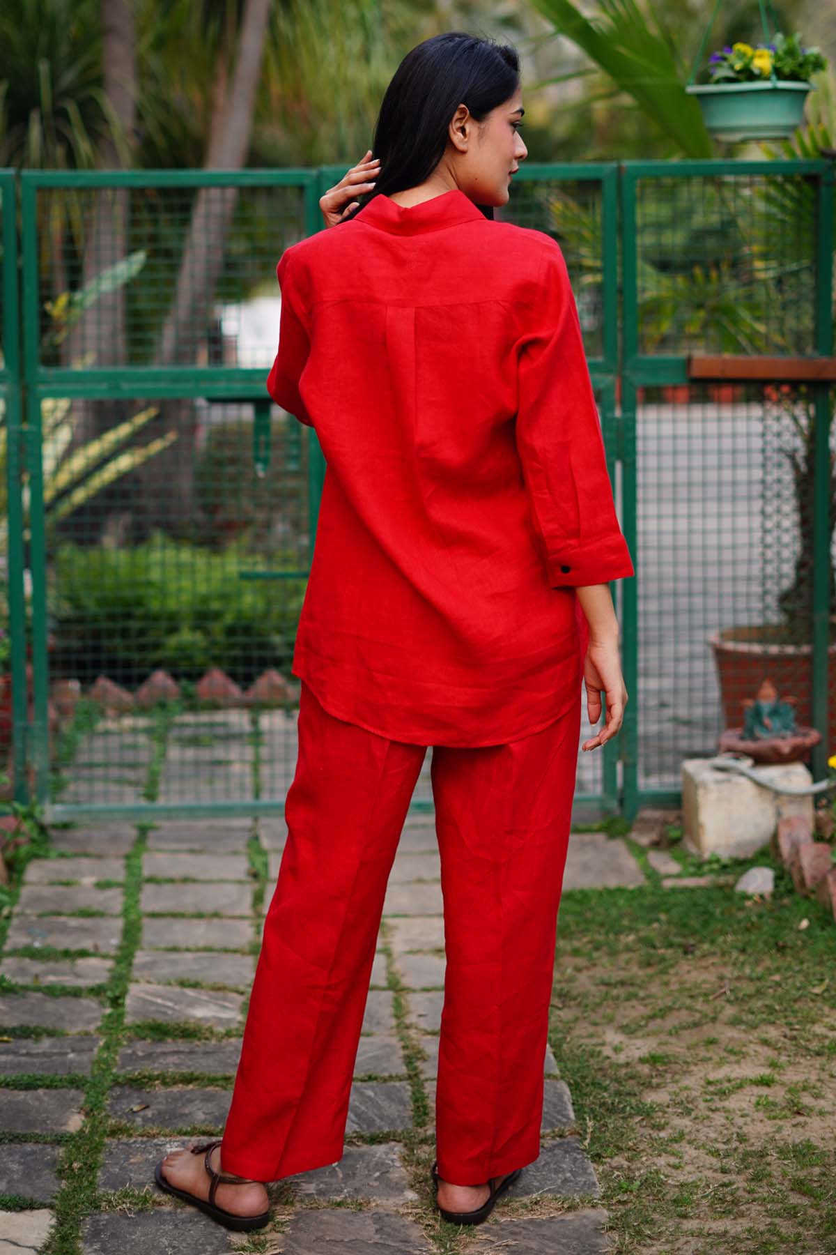 Red Linen Box Embroidered Shirt