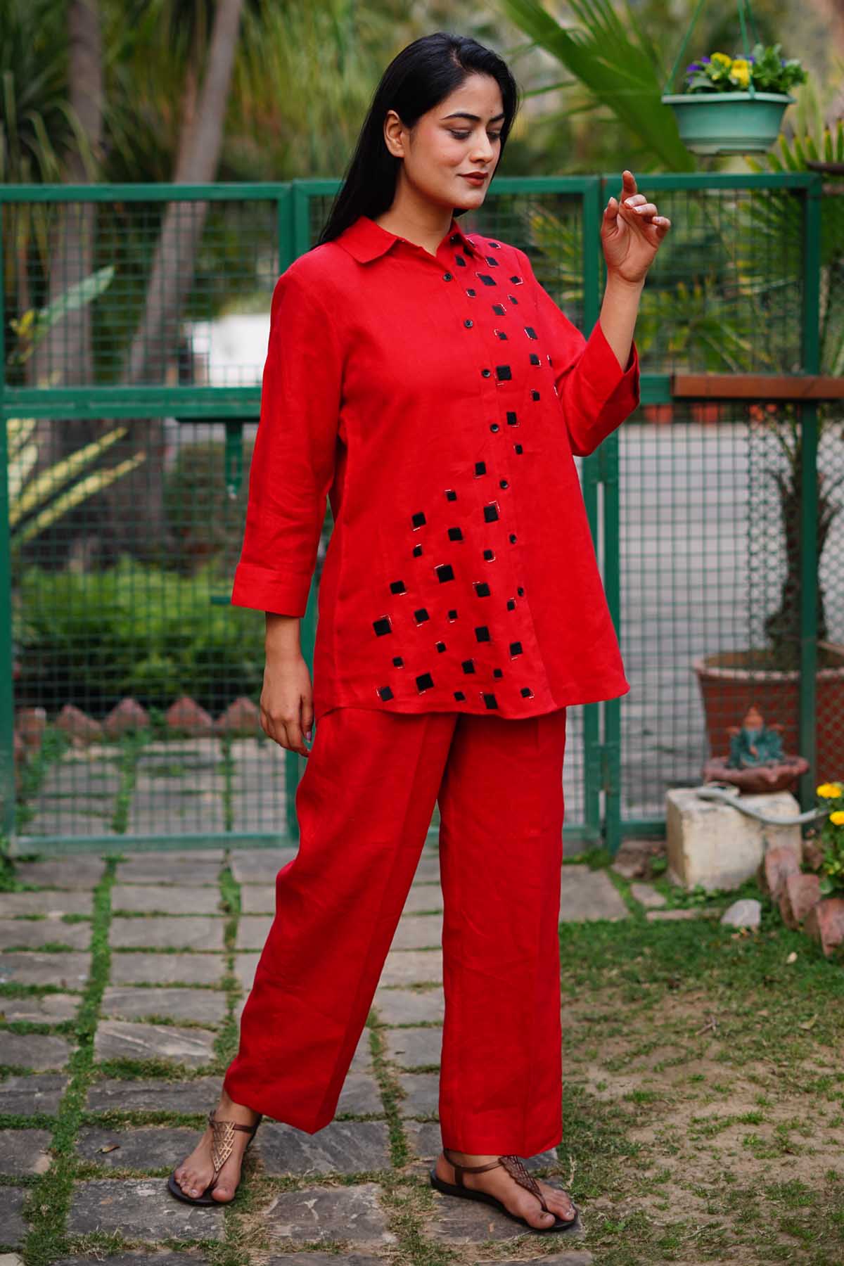 Red Linen Box Embroidered Shirt