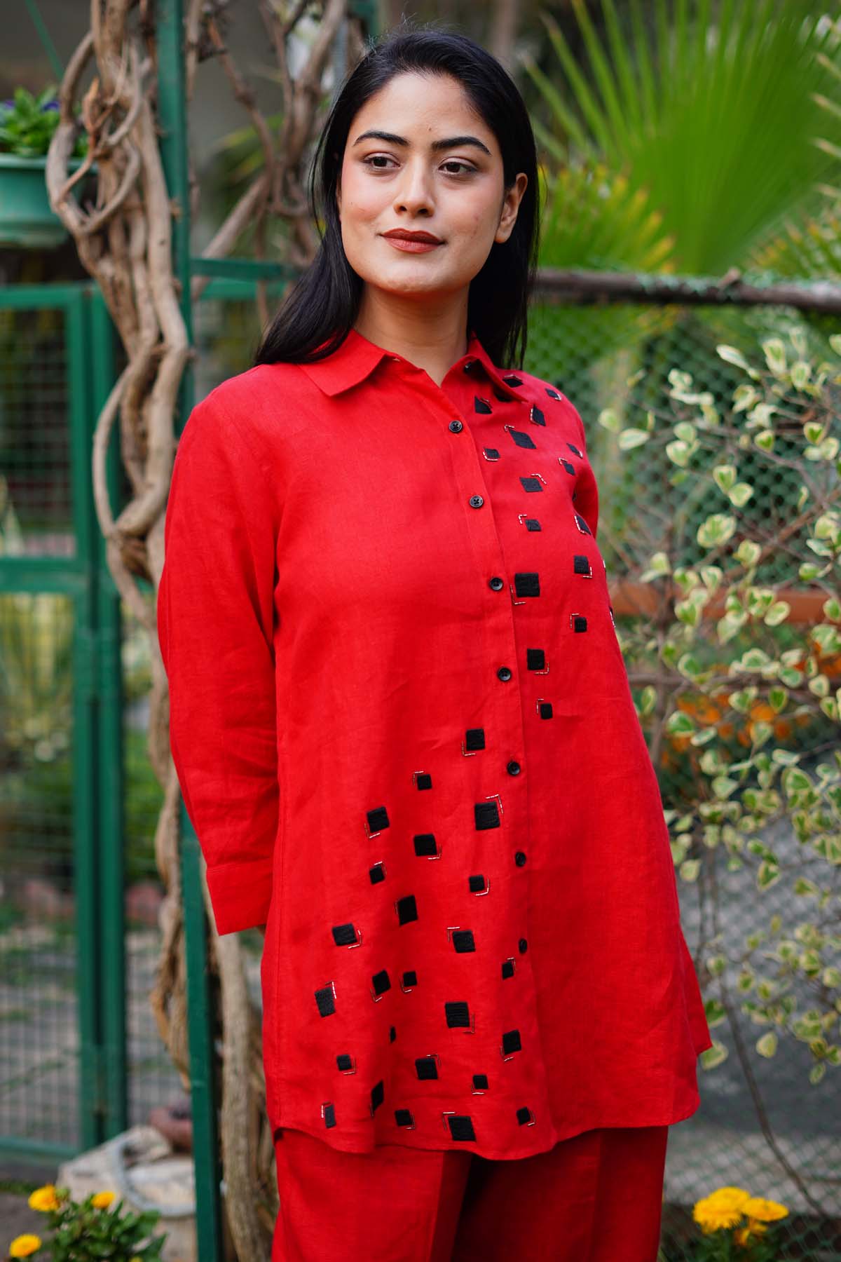 Red Linen Box Embroidered Shirt