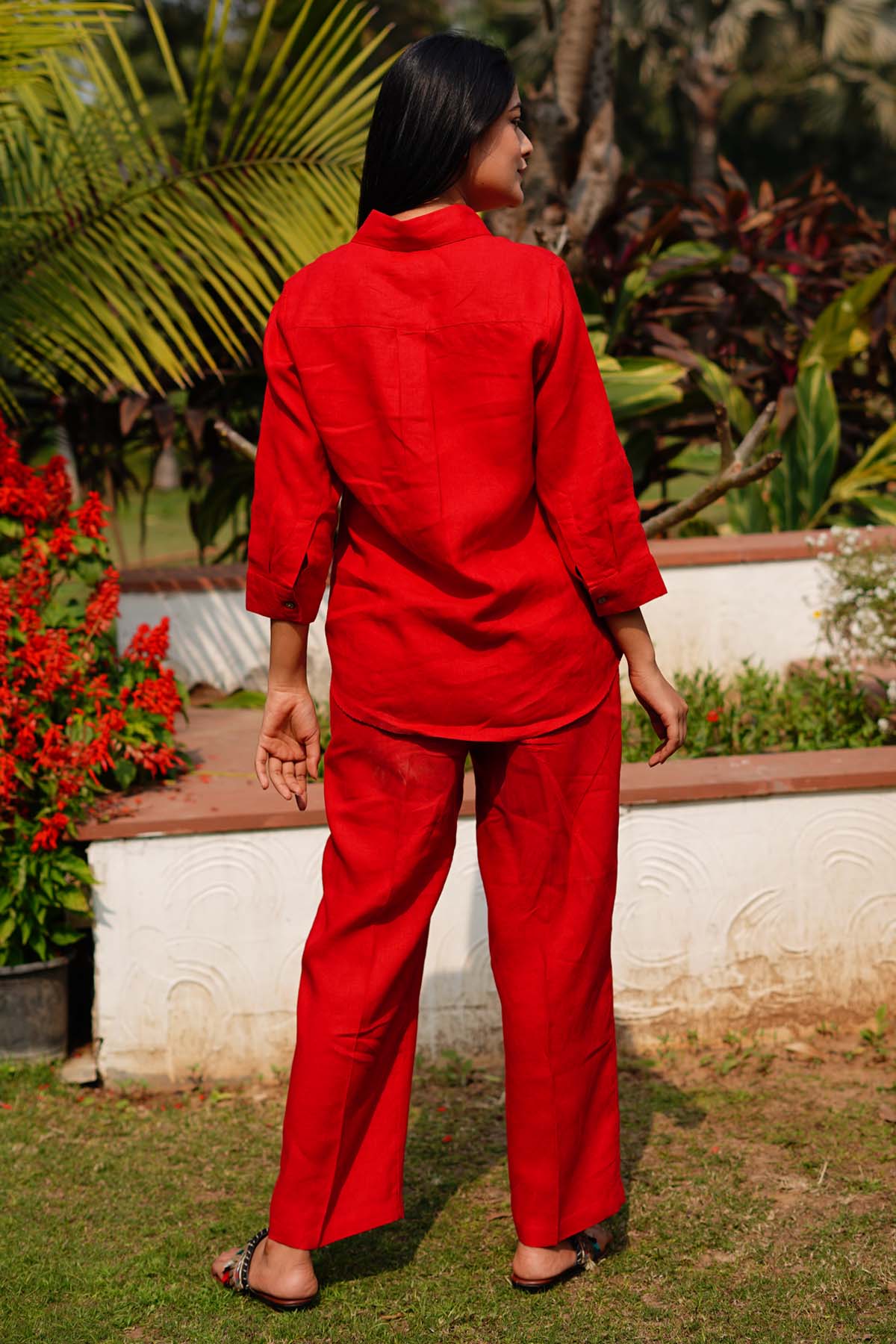 Red Linen Embroidered Shirt