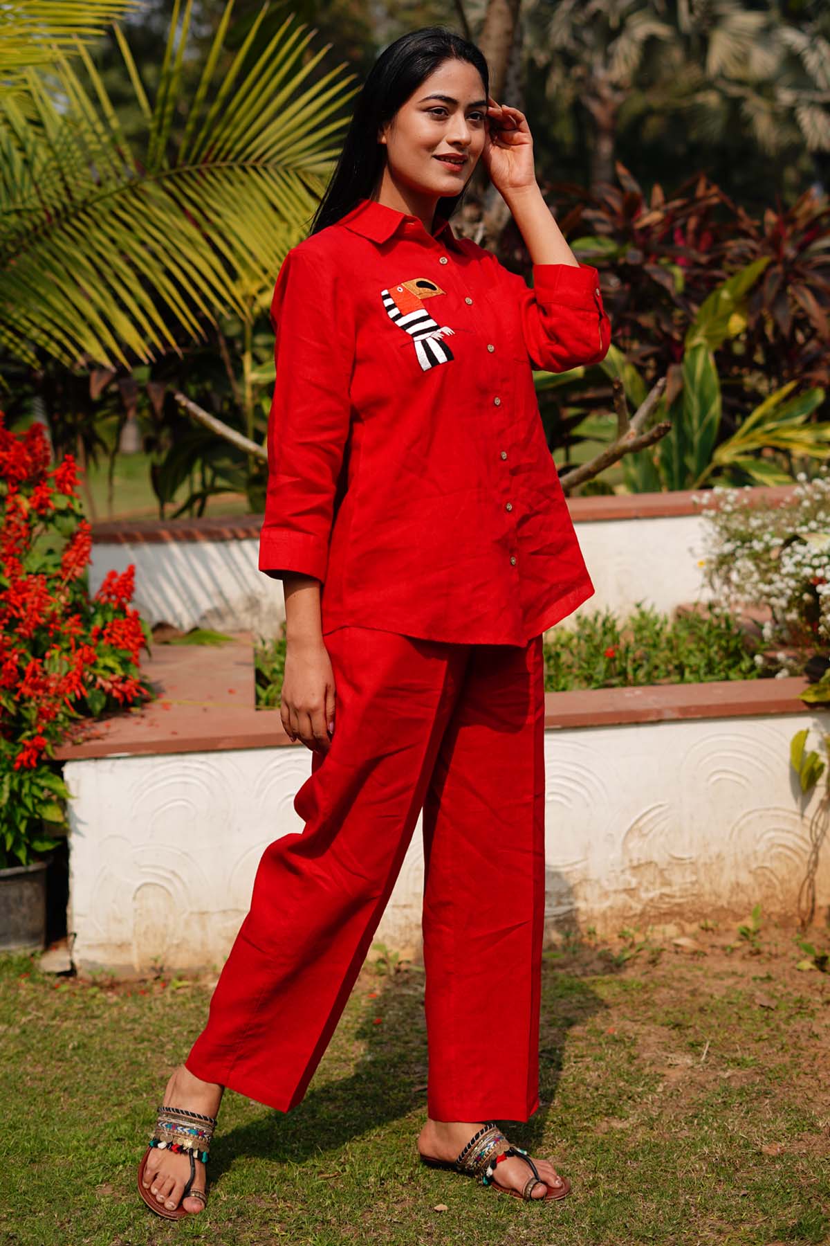 Red Linen Embroidered Shirt