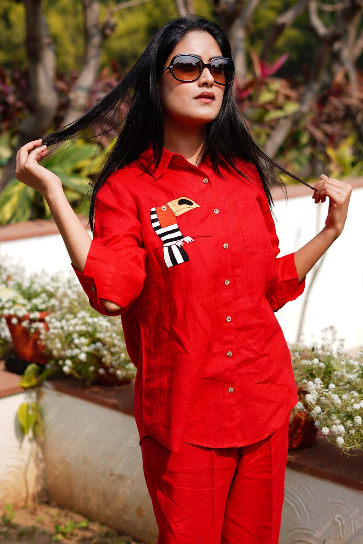 Red Linen Embroidered Shirt