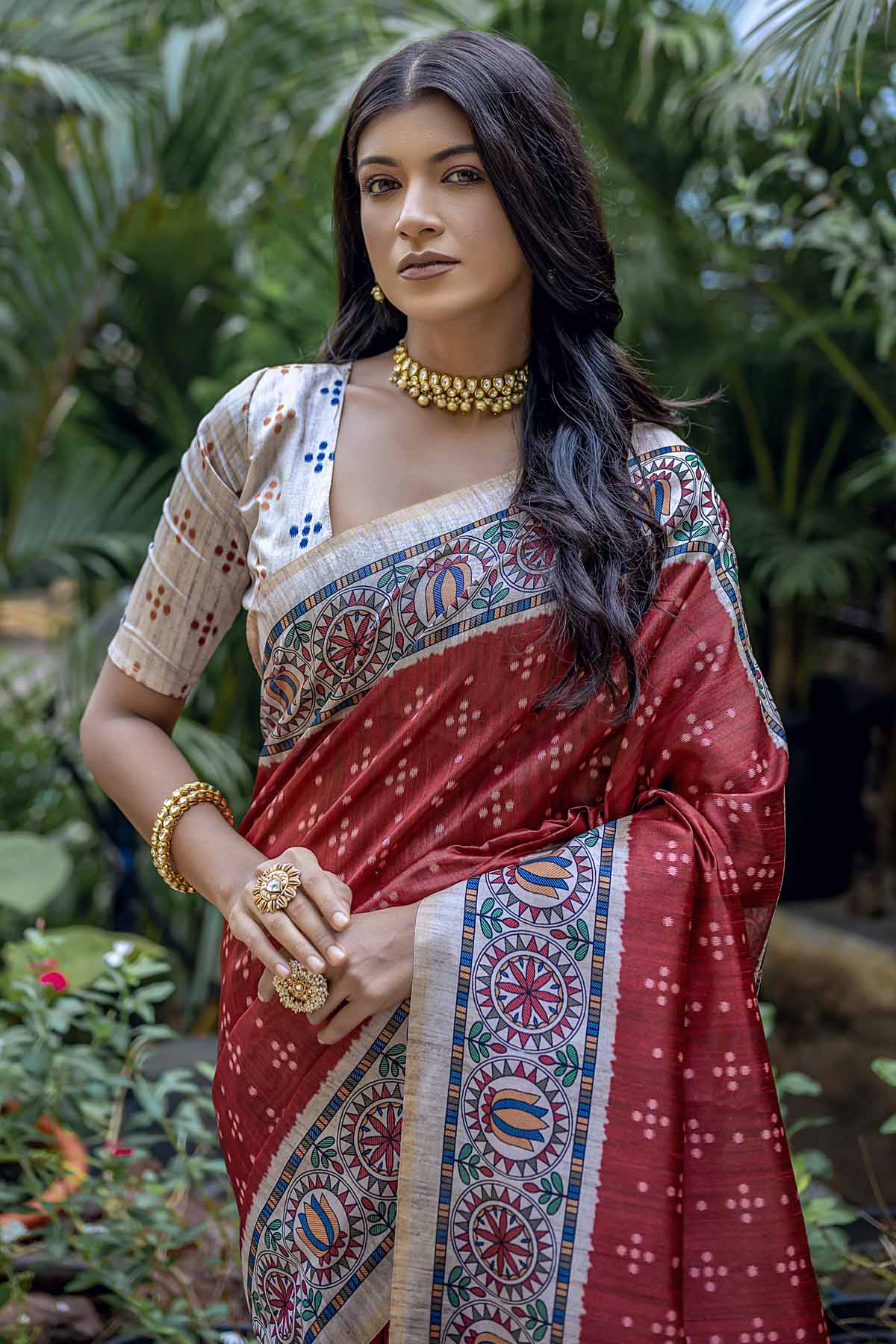 Red Madhubani Print Saree