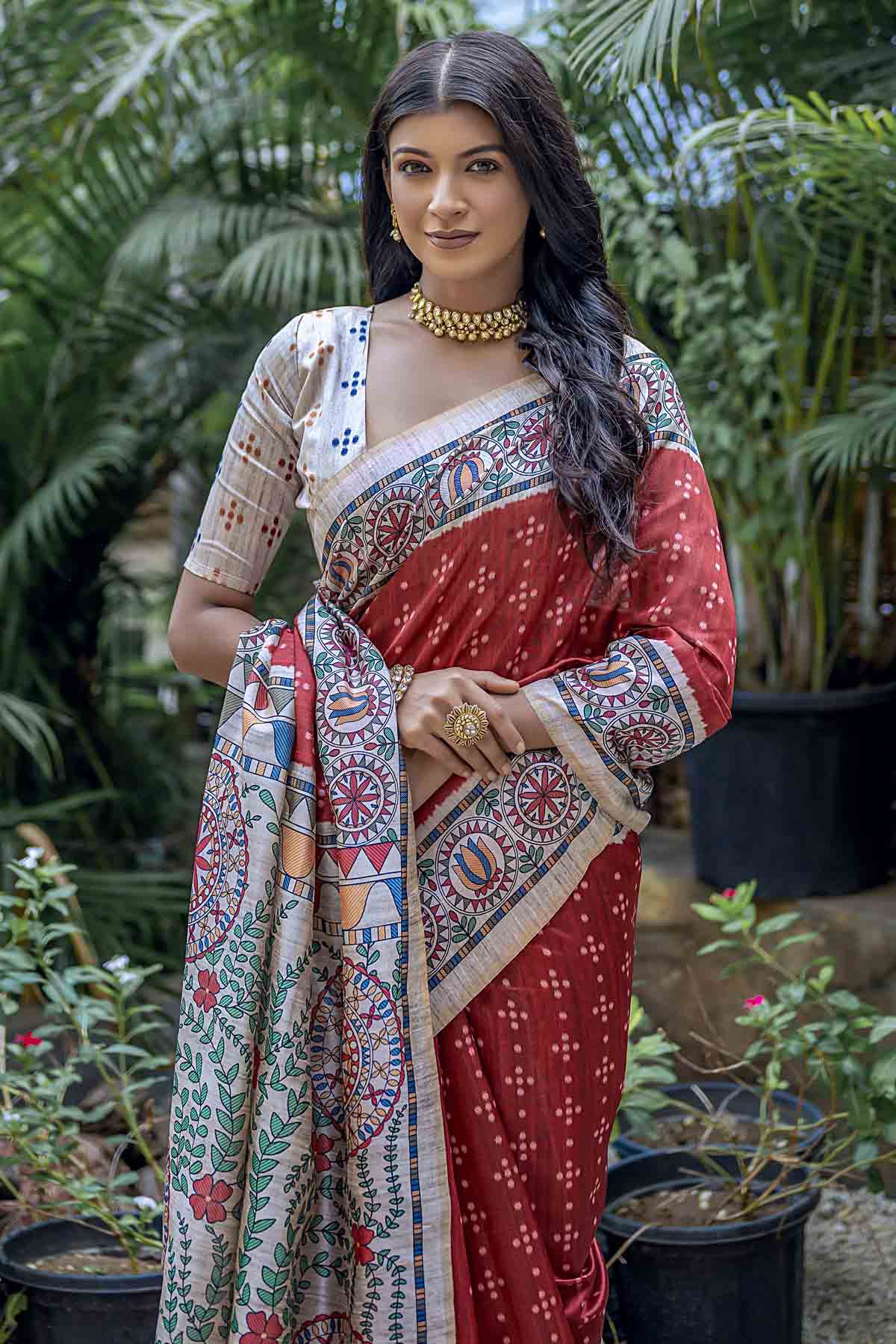 Red Madhubani Print Saree