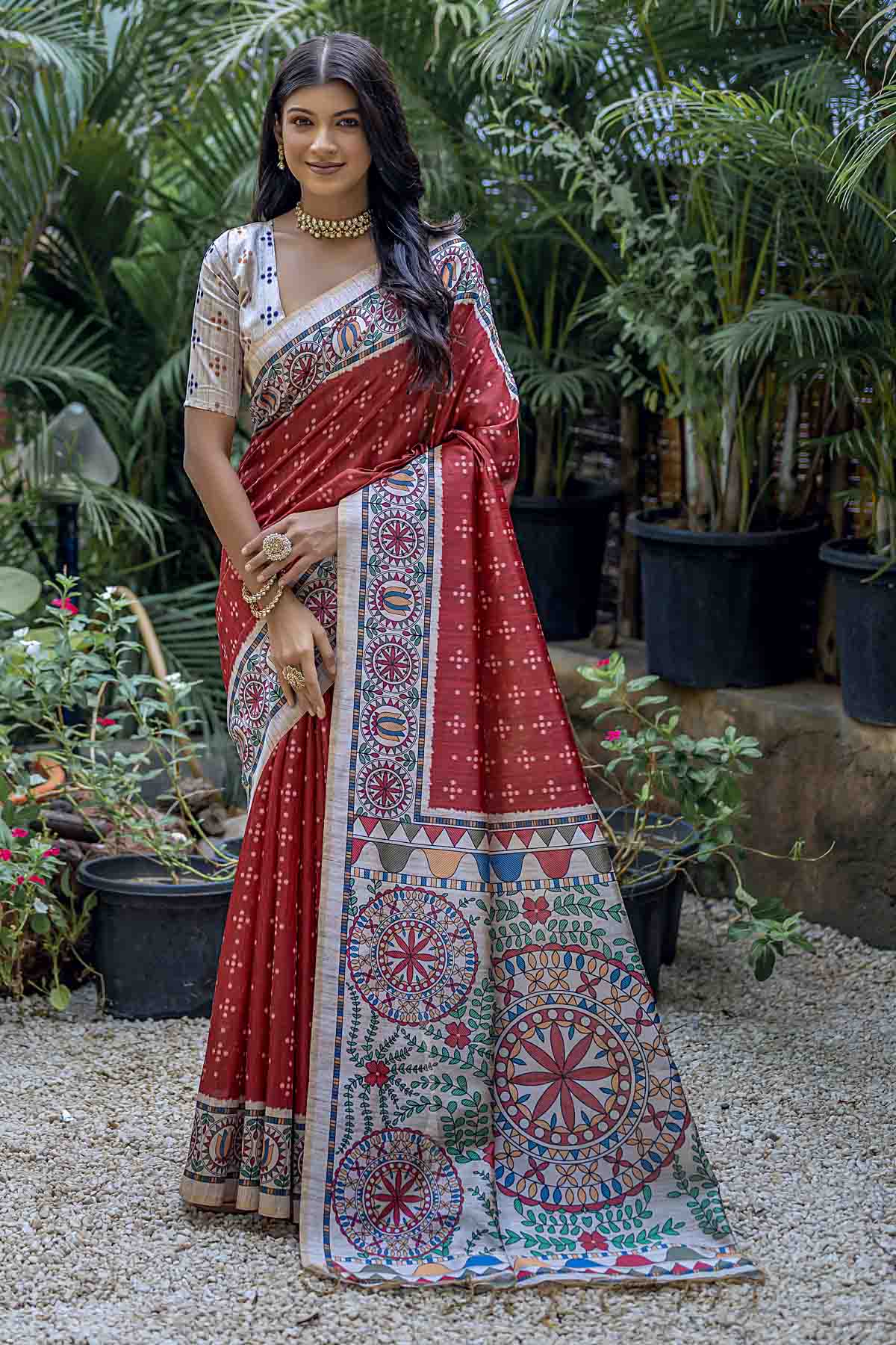 Red Madhubani Print Saree