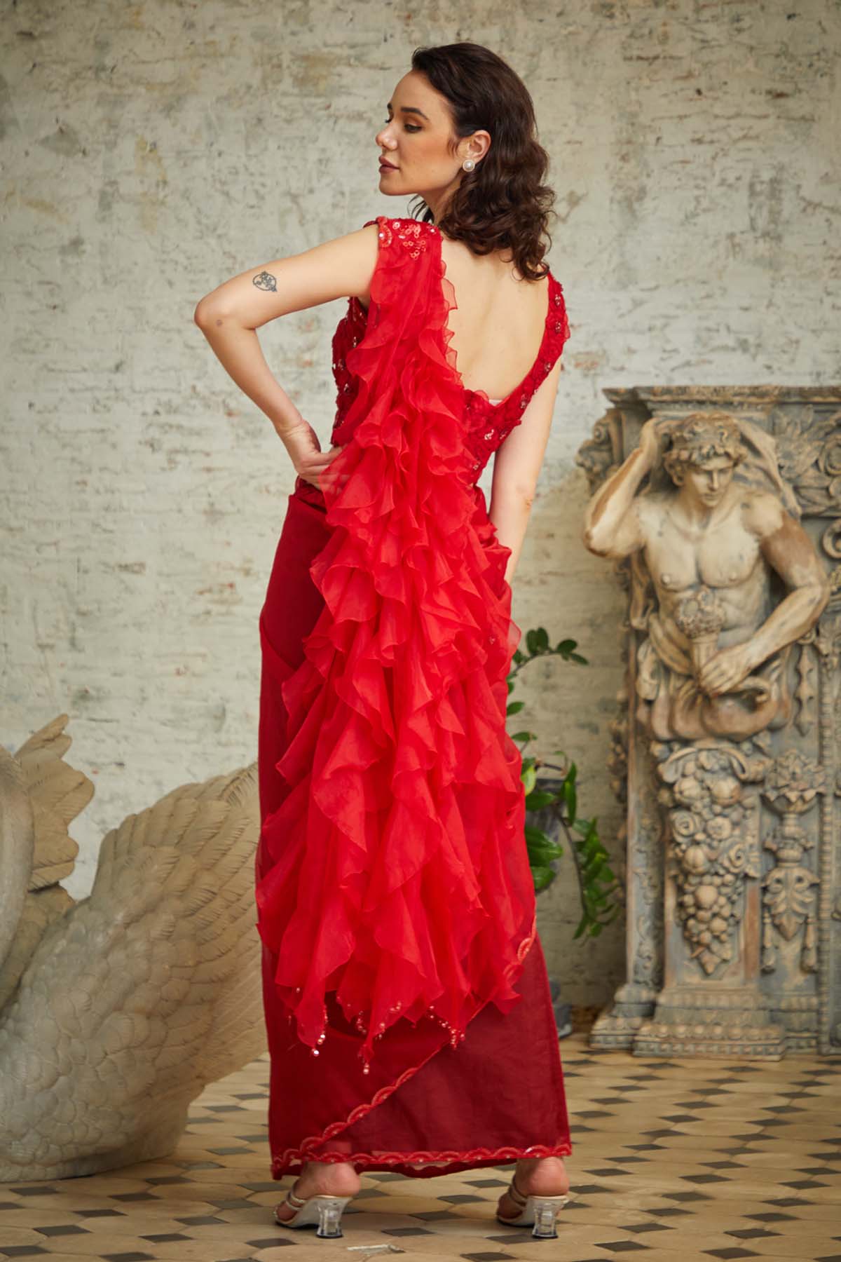 Red Organza Ruffle Saree Set