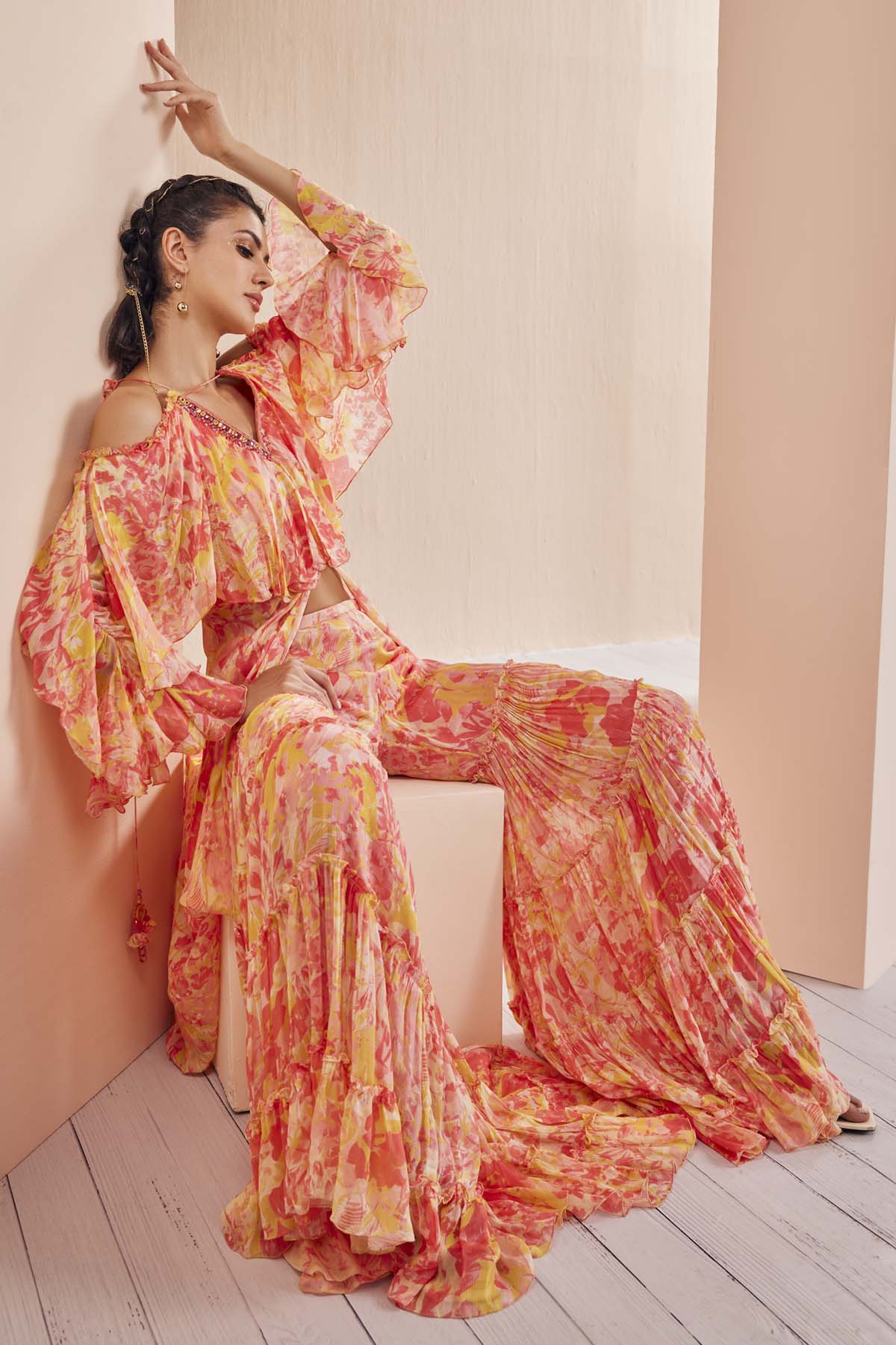 Red Layered Kurta & Sharara