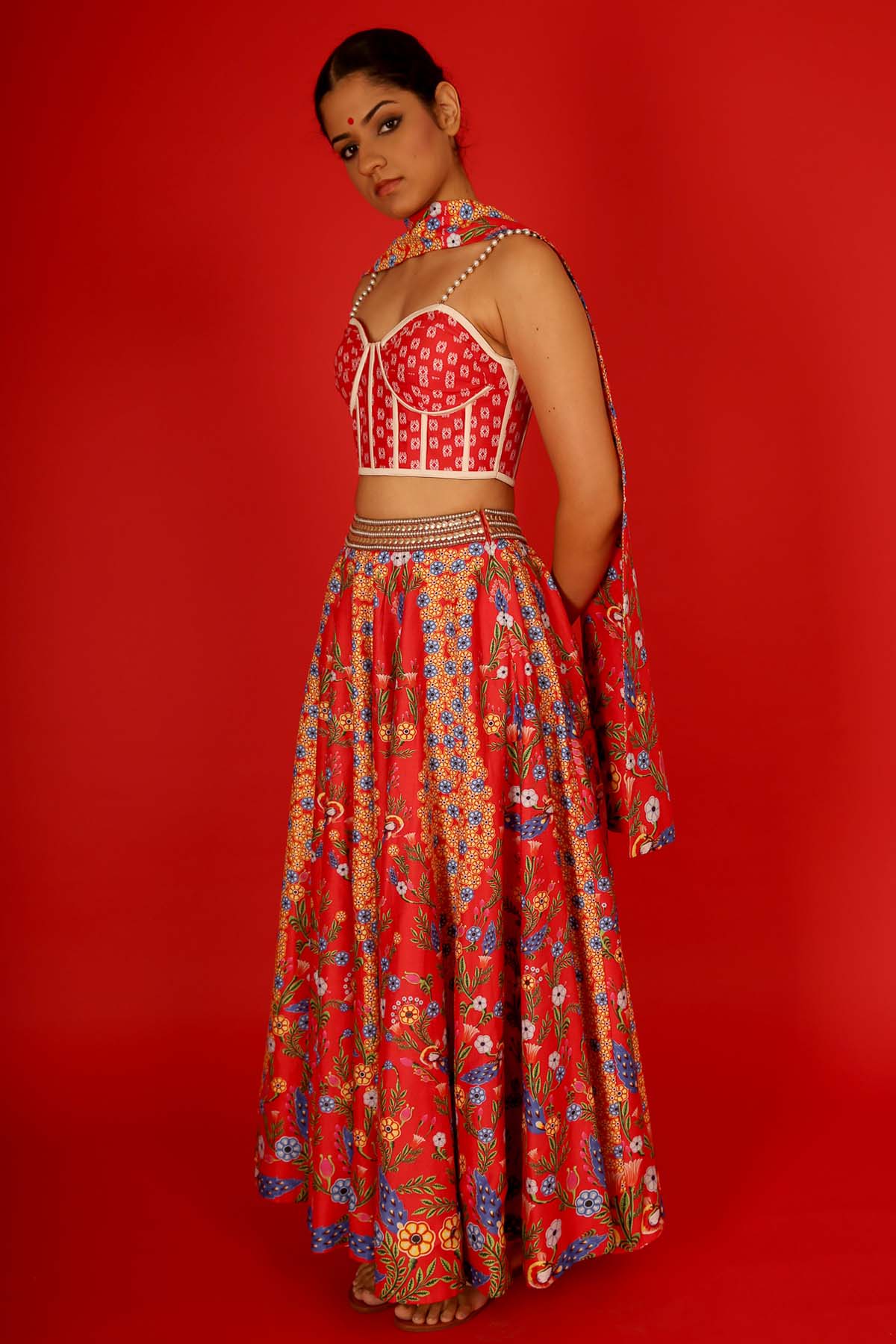 Red Printed Chanderi Lehenga Set